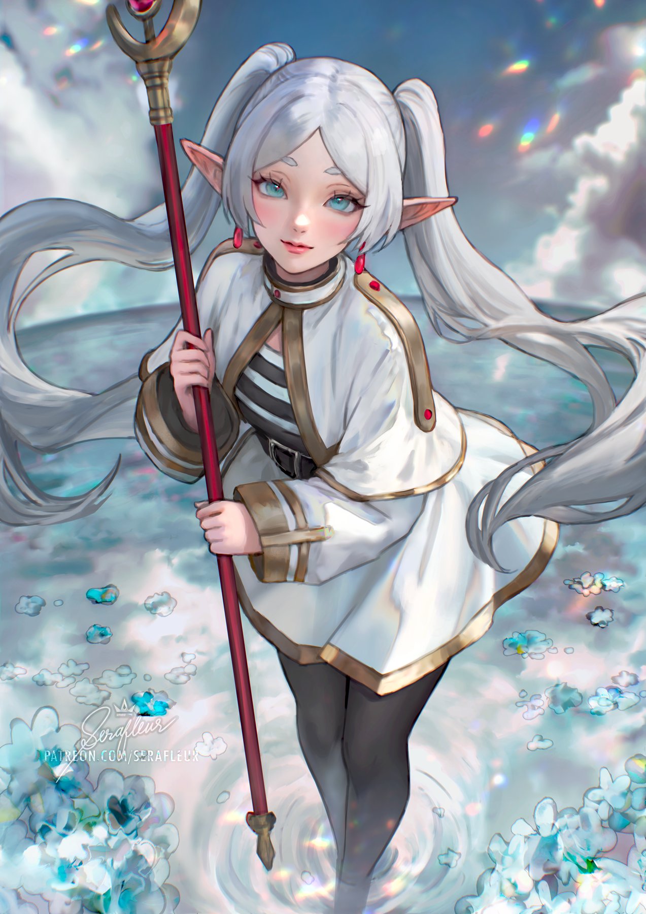 1girl artist_name black_pantyhose blue_eyes blue_sky capelet clouds dangle_earrings day drop_earrings earrings elf flower frieren grey_hair highres holding holding_staff jewelry long_hair looking_at_viewer mage_staff outdoors pantyhose patreon_username pointy_ears serafleur shirt skirt sky soaking_feet solo sousou_no_frieren staff striped_clothes striped_shirt twintails water web_address white_capelet white_skirt