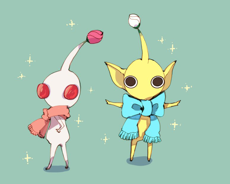 2donemuru black_eyes blue_bow blue_bowtie bow bowtie bud colored_skin commentary_request fringe_trim green_background hand_on_own_hip no_humans no_mouth outstretched_arms pikmin_(creature) pikmin_(series) pink_scarf pointy_ears red_eyes scarf scarf_bow shadow simple_background solid_circle_eyes sparkle white_pikmin white_skin yellow_pikmin yellow_skin