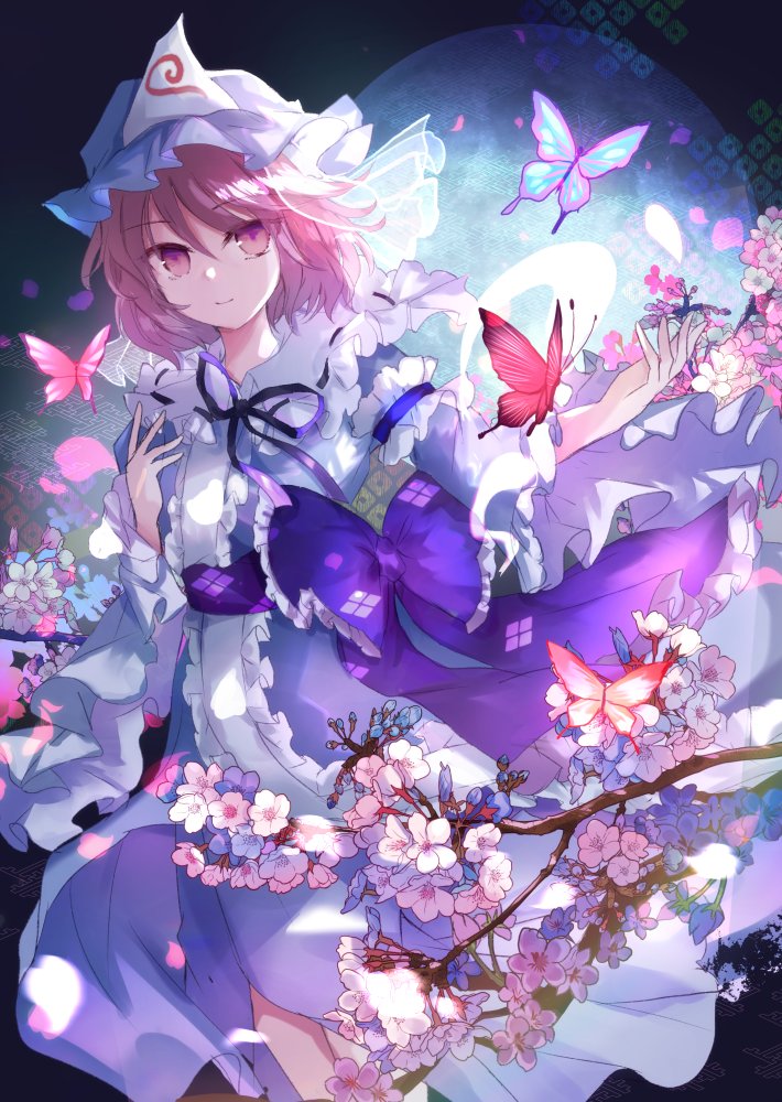1girl belt black_ribbon blue_butterfly blue_flower blue_headwear blue_kimono blue_moon bow branch bug butterfly butterfly_wings cherry_blossoms closed_mouth commentary_request flower flying frills full_moon hair_between_eyes hands_up hat insect_wings japanese_clothes juliet_sleeves kanoko_(pattern) kazu_(muchuukai) kimono long_sleeves looking_at_viewer mob_cap moon multicolored_butterfly neck_ribbon petals pink_butterfly pink_eyes pink_flower pink_hair puffy_sleeves purple_belt purple_bow purple_butterfly red_butterfly ribbon saigyouji_yuyuko sayagata short_hair smile solo standing touhou triangular_headpiece veil white_flower wide_sleeves wings