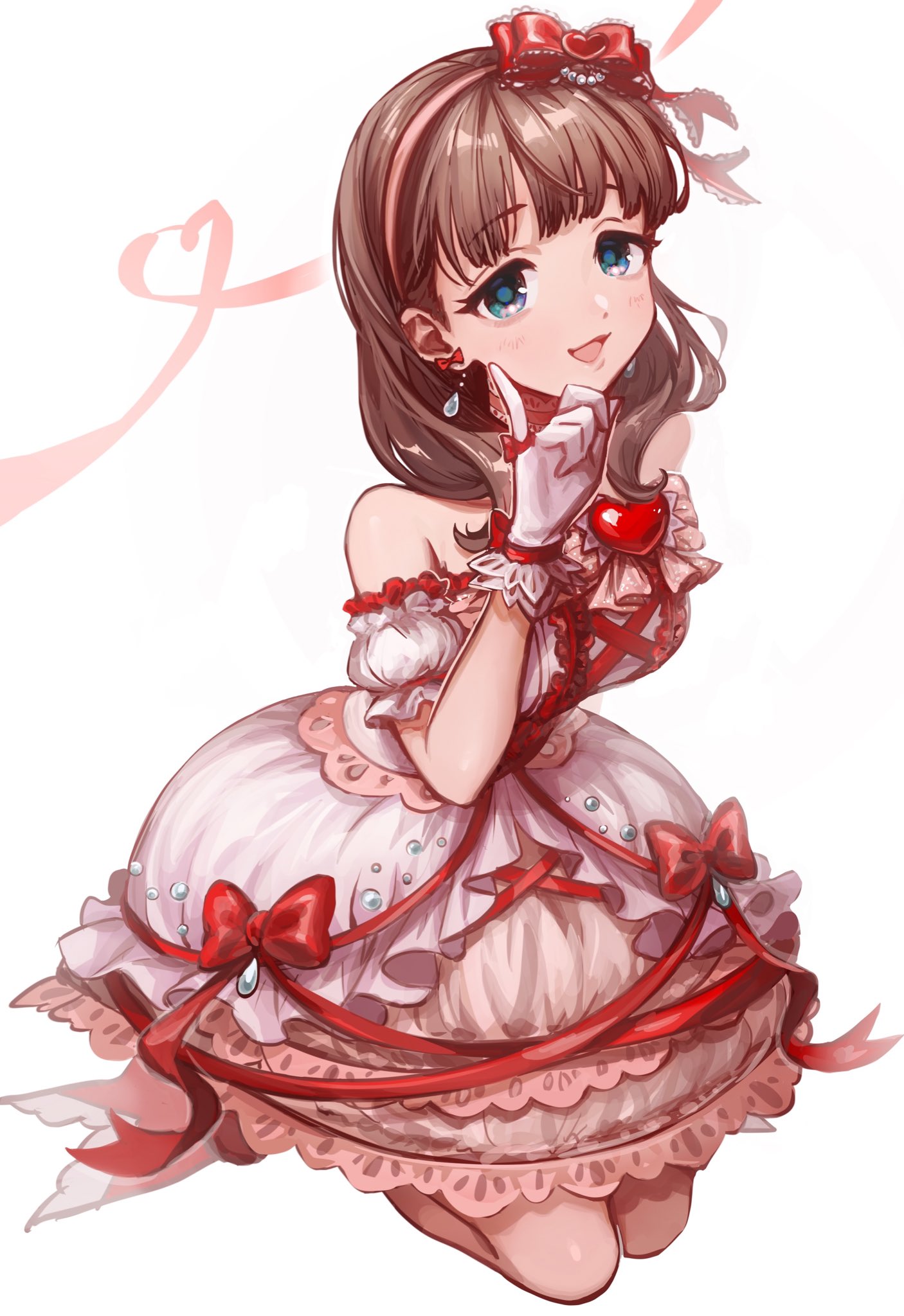 1girl bare_shoulders blue_eyes bow brown_hair dress dress_bow earrings finger_ribbon gloves hair_bow hairband highres idolmaster idolmaster_cinderella_girls jewelry konnong looking_at_viewer medium_hair open_mouth red_bow red_ribbon ribbon sakuma_mayu simple_background smile solo white_background white_gloves