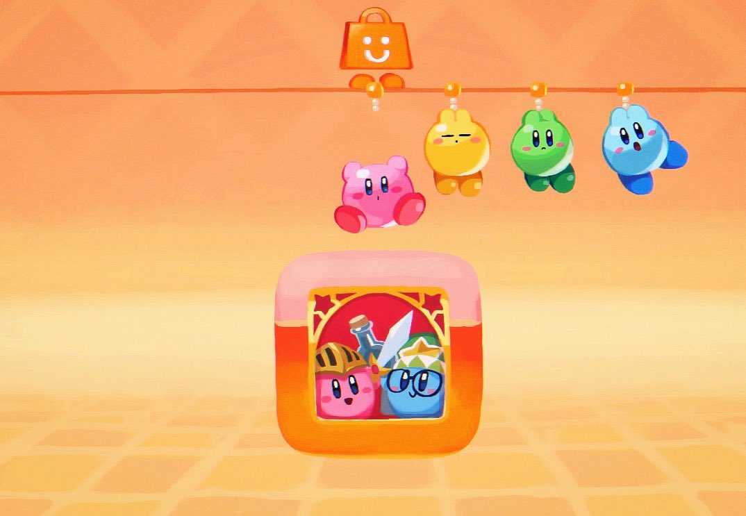 arms_up bag blush_stickers closed_eyes falling flask glasses helmet icon_(computing) kirby kirby_(series) loading_screen looking_at_viewer nintendo_eshop no_humans open_mouth orange_background shopping_bag suyasuyabi sword team_kirby_clash_deluxe weapon