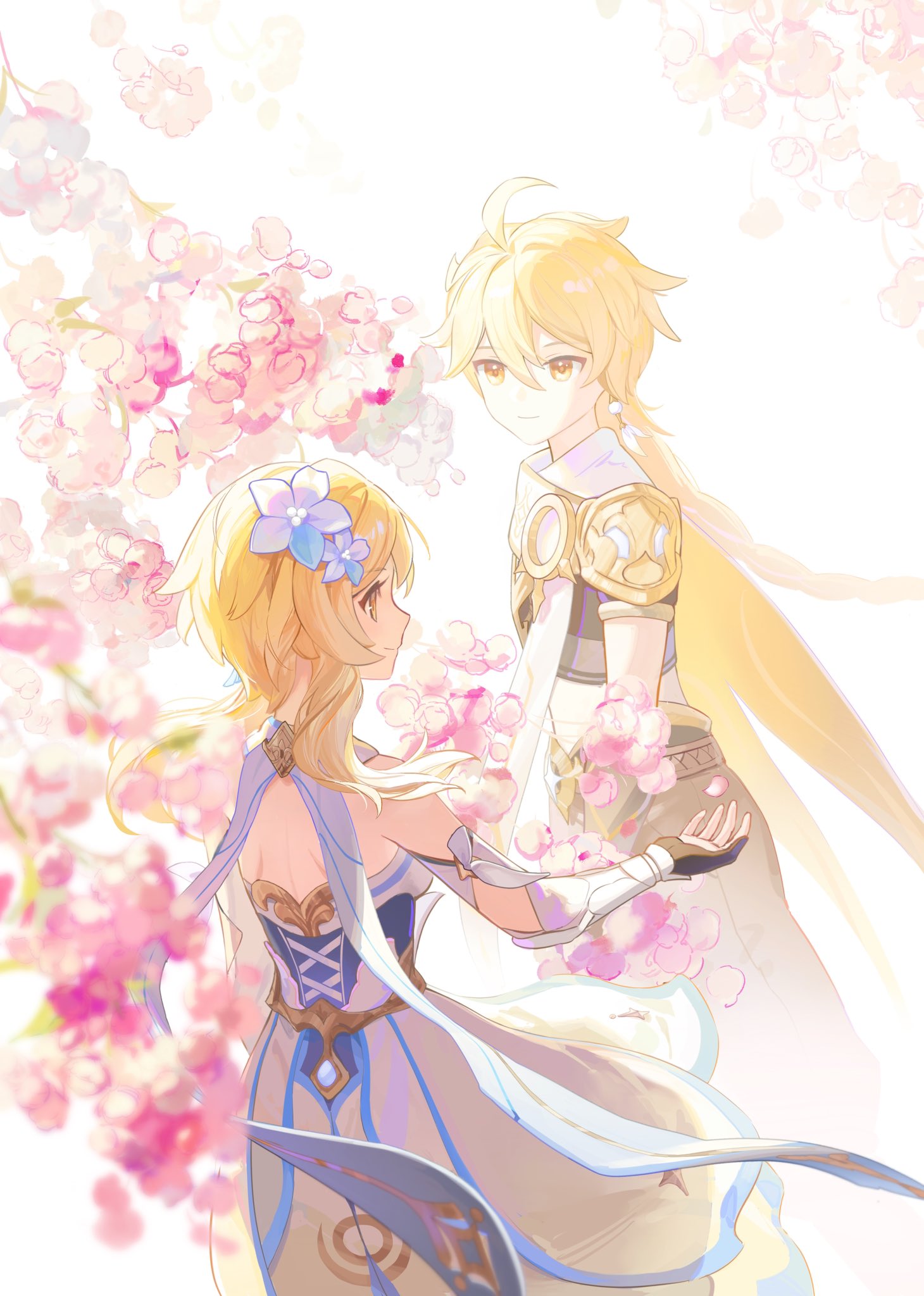 1boy 1girl aether_(genshin_impact) ahoge arm_armor backless_dress backless_outfit black_gloves black_pants black_shirt blonde_hair braid braided_ponytail brother_and_sister cherry_blossoms closed_mouth crop_top detached_sleeves dress flower from_behind genshin_impact gloves gold_trim hair_between_eyes hair_flower hair_ornament highres light long_hair looking_at_another lumine_(genshin_impact) outdoors pants partially_fingerless_gloves rafaelaaa scarf shirt short_hair_with_long_locks siblings smile white_dress white_flower white_scarf yellow_eyes