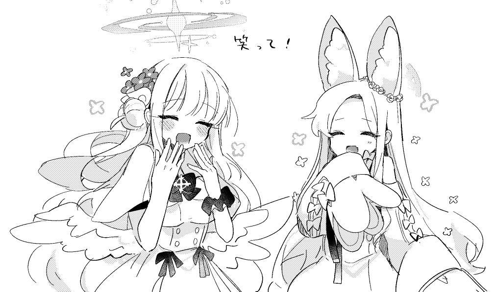 2girls angel_wings animal_ear_fluff animal_ears bare_shoulders blue_archive blush capelet closed_eyes detached_sleeves dress extra_ears flower fox_ears greyscale hair_bun hair_flower hair_ornament halo long_hair mika_(blue_archive) monochrome multiple_girls open_mouth seia_(blue_archive) simple_background single_side_bun sleeves_past_fingers sleeves_past_wrists smile white_background wings yun_(dust-i1)