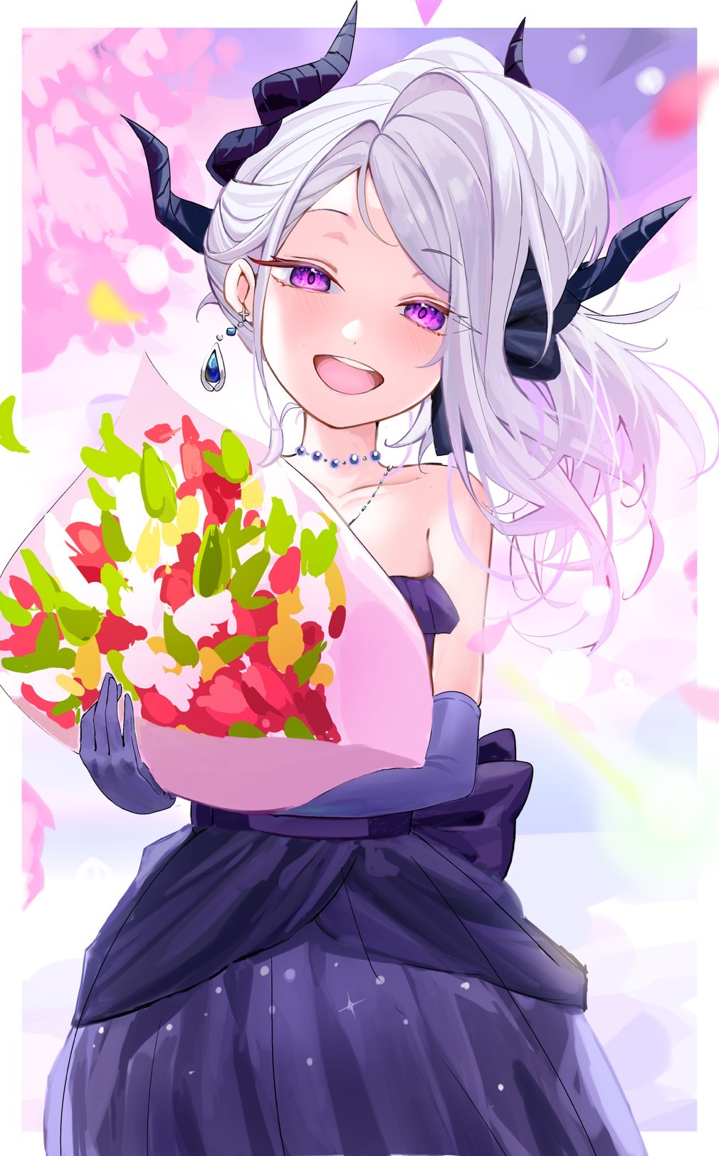 1girl black_horns blue_archive blush bouquet collarbone dangle_earrings demon_horns dress earrings elbow_gloves gloves grey_hair highres hina_(blue_archive) hina_(dress)_(blue_archive) hirekatsu-kan holding holding_bouquet horns jewelry long_hair looking_at_viewer multiple_horns necklace official_alternate_costume official_alternate_hairstyle open_mouth pendant purple_dress purple_gloves smile solo strapless strapless_dress violet_eyes