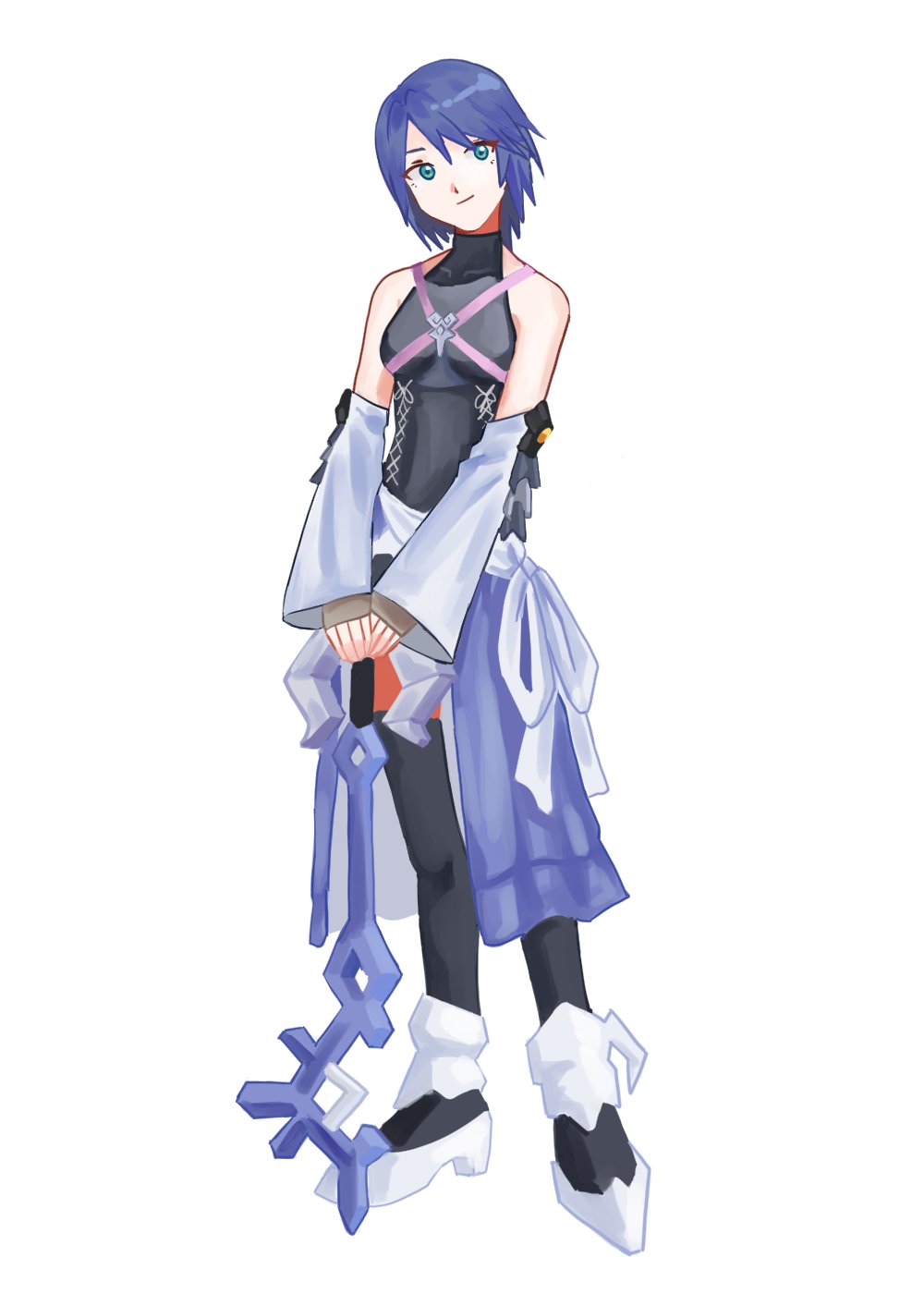 1girl aqua_(kingdom_hearts) aqua_eyes bare_shoulders blue_hair closed_mouth detached_sleeves full_body highres keyblade kingdom_hearts kingdom_hearts_birth_by_sleep melkymelkii short_hair simple_background sleeves_past_wrists smile solo standing white_background white_footwear