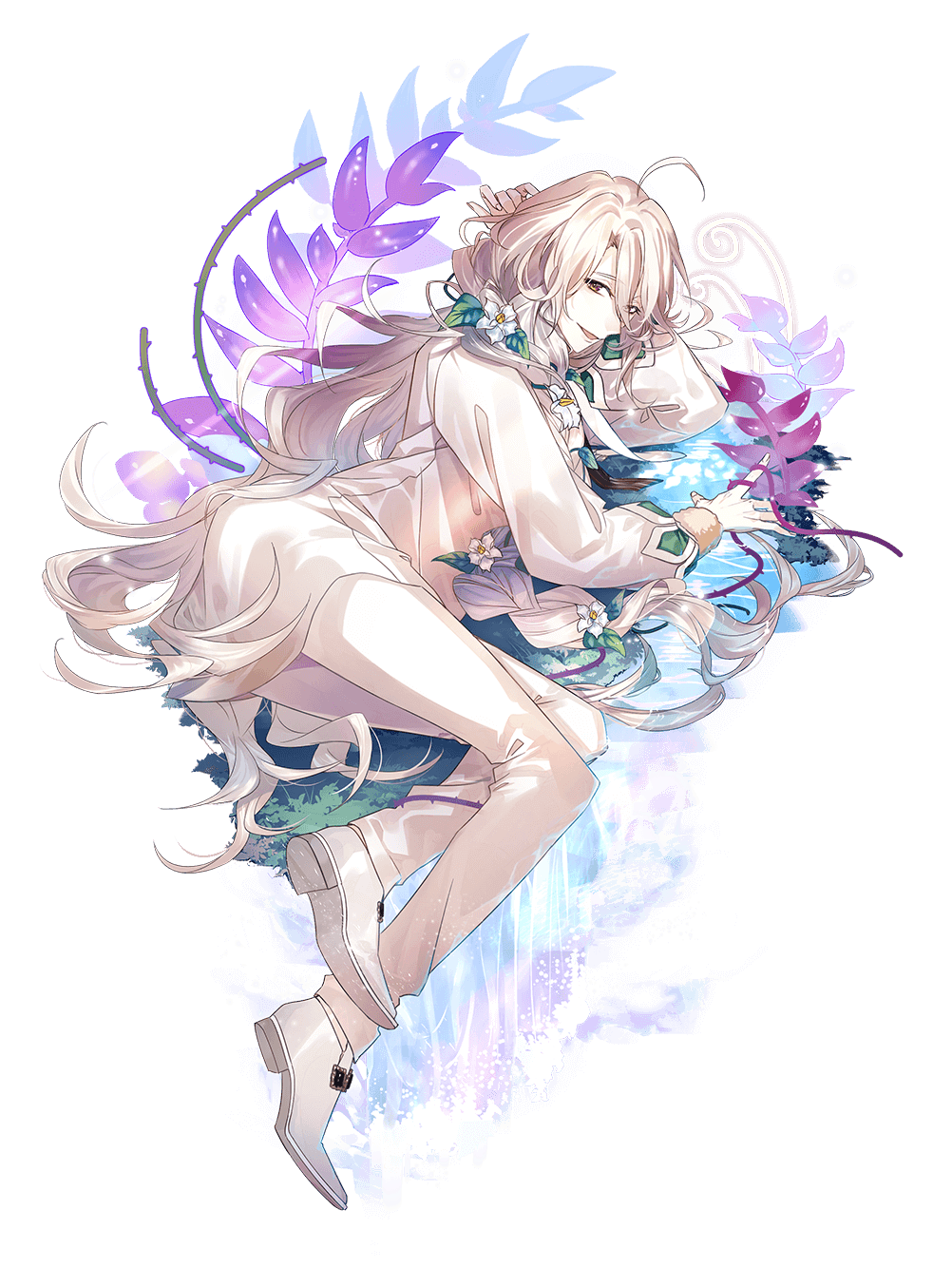 1boy :d anno_meiji bishounen black_ribbon braid cowlick cross-laced_clothes dress_shirt flower flower_braid food_fantasy full_body fur-trimmed_sleeves fur_trim hair_between_eyes hair_flower hair_ornament highres leaf lips long_hair long_sleeves looking_at_viewer looking_to_the_side lying male_focus mashed_potatoes_(food_fantasy) neck_ribbon official_art on_grass on_side pants plant puffy_long_sleeves puffy_sleeves ribbon shirt shoes side_braid smile solo striped_ribbon third-party_source thorns transparent_background untucked_shirt violet_eyes water wavy_hair white_flower white_footwear white_hair white_pants white_shirt