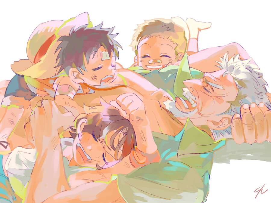 arm_behind_head beard black_hair blonde_hair blue_shorts closed_eyes elbow_pads english_commentary facial_hair green_shirt hat monkey_d._garp monkey_d._luffy one_piece portgas_d._ace profile sabo_(one_piece) senzzang shirt short_hair shorts simple_background sleeping sleeping_on_person smile socks straw_hat white_background white_socks