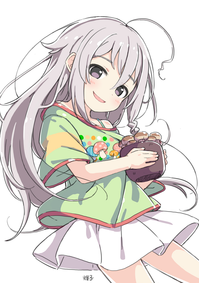 1girl ahoge bare_shoulders blush bra_strap braid breasts character_name cowboy_shot dot_nose flower_pot food_print from_side green_shirt grey_eyes grey_hair hands_up holding holding_flower_pot hoshi_syoko idolmaster idolmaster_cinderella_girls idolmaster_cinderella_girls_starlight_stage kuresuku_(lessons) long_hair looking_at_viewer mushroom_print off-shoulder_shirt off_shoulder open_mouth pleated_skirt print_shirt red_trim shirt side_braid single_braid skirt small_breasts smile solo standing very_long_hair white_skirt