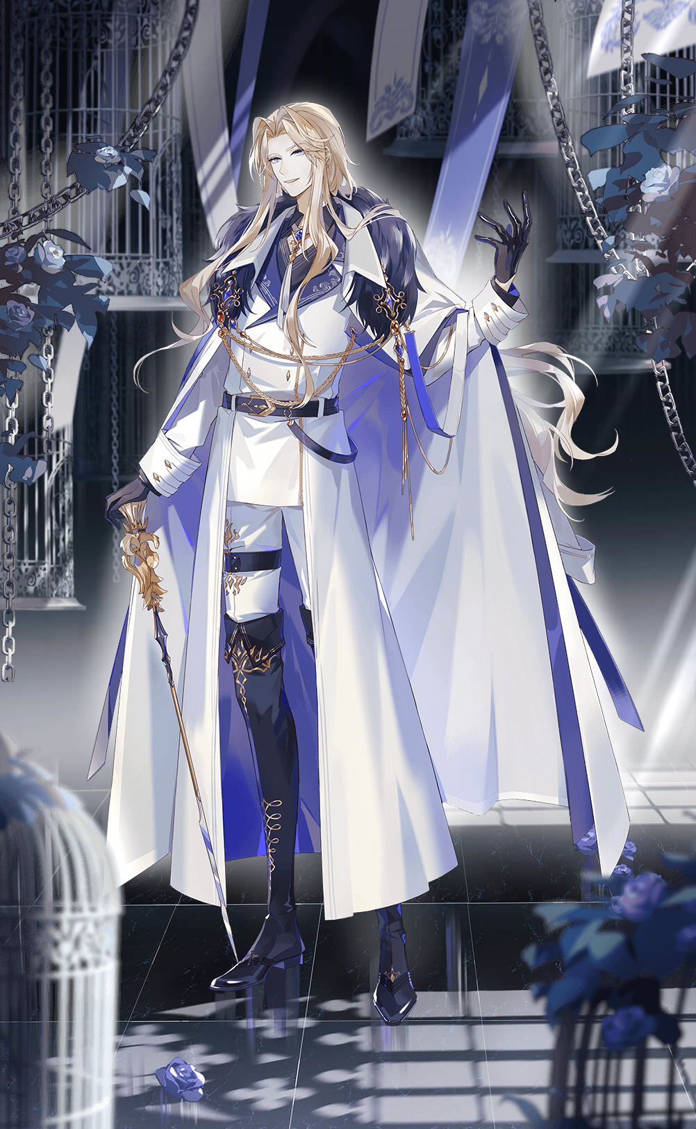 1boy aiguillette belt birdcage black_belt black_footwear black_gloves black_shirt blonde_hair blue_coat blue_eyes blue_flower blue_gemstone blue_rose boots brooch buttons cage cane cape chain coat collared_shirt curtained_hair diamond_button double-breasted flower food_fantasy full_body fur-trimmed_cape fur_trim gem gloves hand_up highres holding holding_cane indoors jewelry lapels leaf lieshang773 light_rays long_hair looking_at_viewer low_ponytail male_focus neck_ribbon notched_lapels official_art pants parted_bangs parted_lips ribbon rose shirt sleeve_cuffs smile solo standing thigh_boots thigh_strap third-party_source tile_floor tiles two-sided_coat two-sided_fabric white_cape white_coat white_pants white_ribbon window_shade zabaione_(food_fantasy)