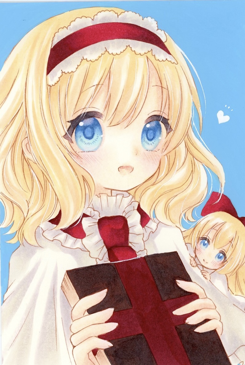1girl alice_margatroid blonde_hair blue_background blue_eyes book bow capelet closed_mouth commentary_request doll grimoire_of_alice hair_bow hairband heart holding holding_book light_blush lolita_hairband long_hair looking_at_viewer marker_(medium) medium_hair open_mouth red_bow red_hairband shanghai_doll smile solo touhou traditional_media white_capelet yuuki_hana_(jtnp5334)