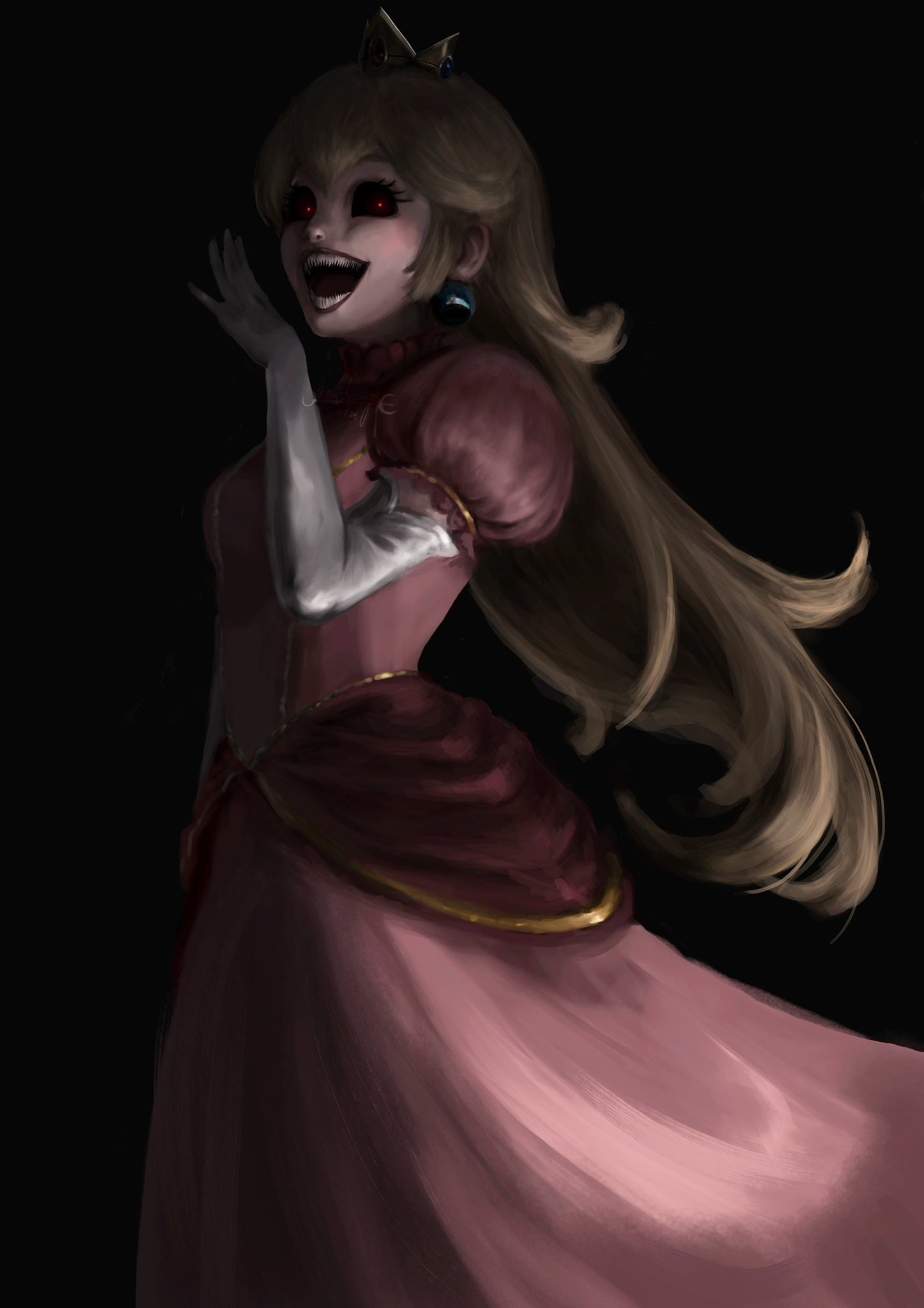 1girl bernkastelcat black_sclera blonde_hair breasts colored_sclera crown dress earrings elbow_gloves gloves highres jewelry long_hair looking_at_viewer open_mouth pink_dress princess_peach red_eyes smile solo sphere_earrings super_mario_bros. white_gloves