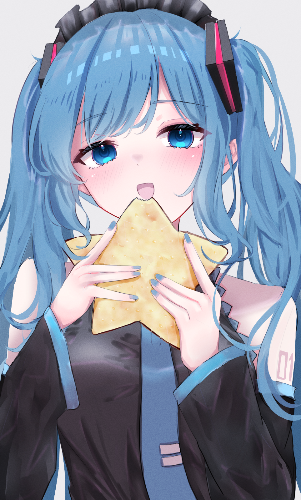 1girl black_shirt black_sleeves blue_eyes blue_hair blue_nails blue_necktie blush body_writing cookie dated_commentary detached_sleeves eating food h_raj_(pixiv_93311327) hairband hatsune_miku highres holding holding_food lolita_hairband necktie shirt smile solo star-shaped_food star_(symbol) twintails upper_body vocaloid white_background