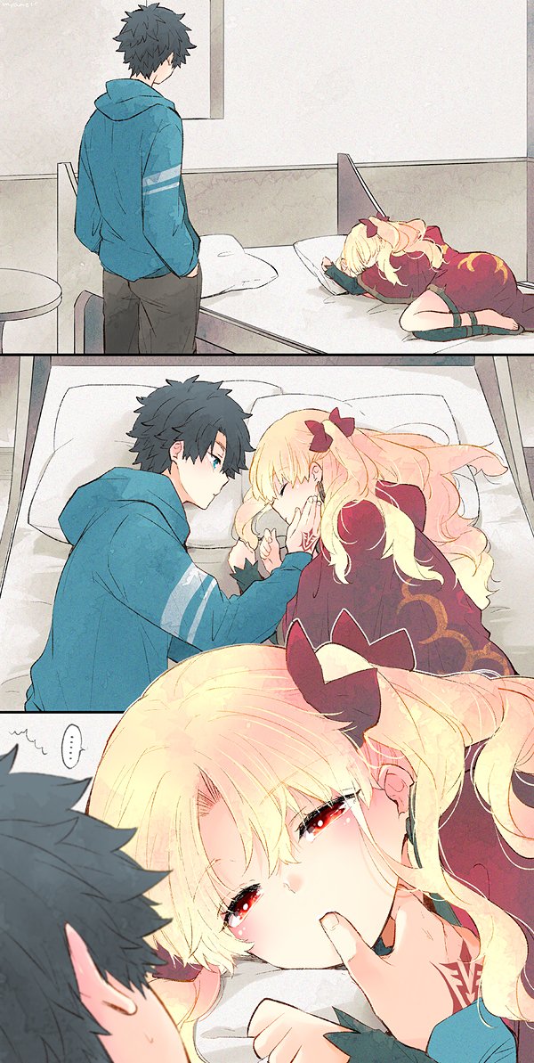 1boy 1girl azumi_(myameco) bed black_hair blonde_hair bow cape closed_eyes command_spell earrings ereshkigal_(fate) fate/grand_order fate_(series) finger_to_another's_mouth fujimaru_ritsuka_(male) hair_ribbon hetero jewelry long_hair long_sleeves parted_bangs pillow red_eyes red_ribbon ribbon short_hair two_side_up very_long_hair waking_another waking_up
