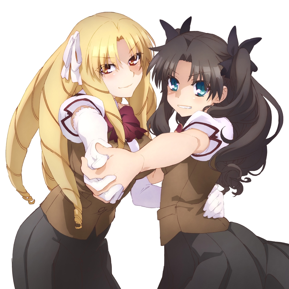 2girls aqua_hair black_skirt blonde_hair bow bowtie breasts brown_cardigan brown_hair cardigan closed_mouth commentary_request drill_hair elbow_gloves fate/kaleid_liner_prisma_illya fate_(series) gloves grin hair_bow hand_on_another's_back holding_hands interlocked_fingers large_breasts long_hair looking_at_viewer luviagelita_edelfelt multiple_girls official_art parted_bangs pleated_skirt school_uniform shirt short_sleeves skirt smile teeth tohsaka_rin twintails white_background white_gloves white_shirt