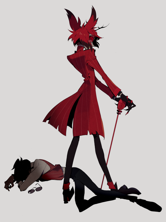 2boys alastor_(hazbin_hotel) antlers black_hair cane colored_sclera commentary_request deer_antlers dual_persona formal glasses hazbin_hotel higa423 holding holding_cane horns humanization looking_at_viewer looking_back male_focus multicolored_hair multiple_boys on_ground red_eyes red_sclera redhead short_hair simple_background vest