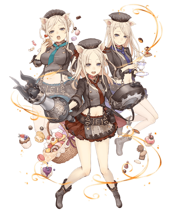 3girls animal_ears ankle_boots blonde_hair blue_little_pig_(sinoalice) boots cake cake_slice candy checkerboard_cookie chef_hat chocolate cookie cream_puff cup cupcake doughnut food green_little_pig_(sinoalice) hat holding holding_cup holding_food holding_saucer macaron midriff multiple_girls official_art orangette pig_ears pig_girl red_little_pig_(sinoalice) saucer siblings sinoalice sisters teacup thumbprint_cookie wrapped_candy