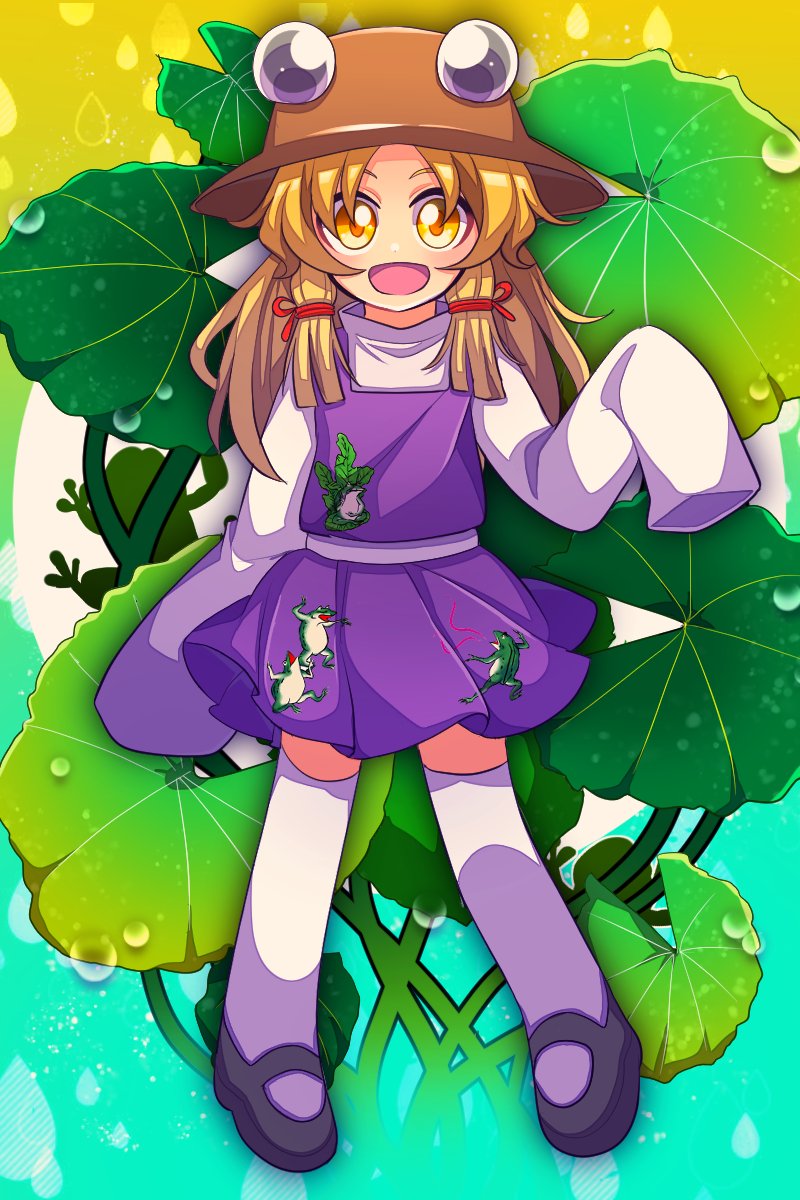 1girl 1jumangoku animal_print black_footwear blonde_hair blue_background blunt_ends brown_headwear commentary_request dew_drop frog_print full_body gradient_background hair_ribbon hand_up hat highres leaf_print lily_pad long_hair long_sleeves mary_janes miniskirt moriya_suwako parted_bangs pleated_skirt purple_skirt purple_vest rain red_ribbon ribbon shirt shoes sidelocks simple_background skirt sleeves_past_fingers sleeves_past_wrists solo straight-on thigh-highs touhou turtleneck vest water_drop white_shirt white_sleeves white_thighhighs yellow_background zettai_ryouiki