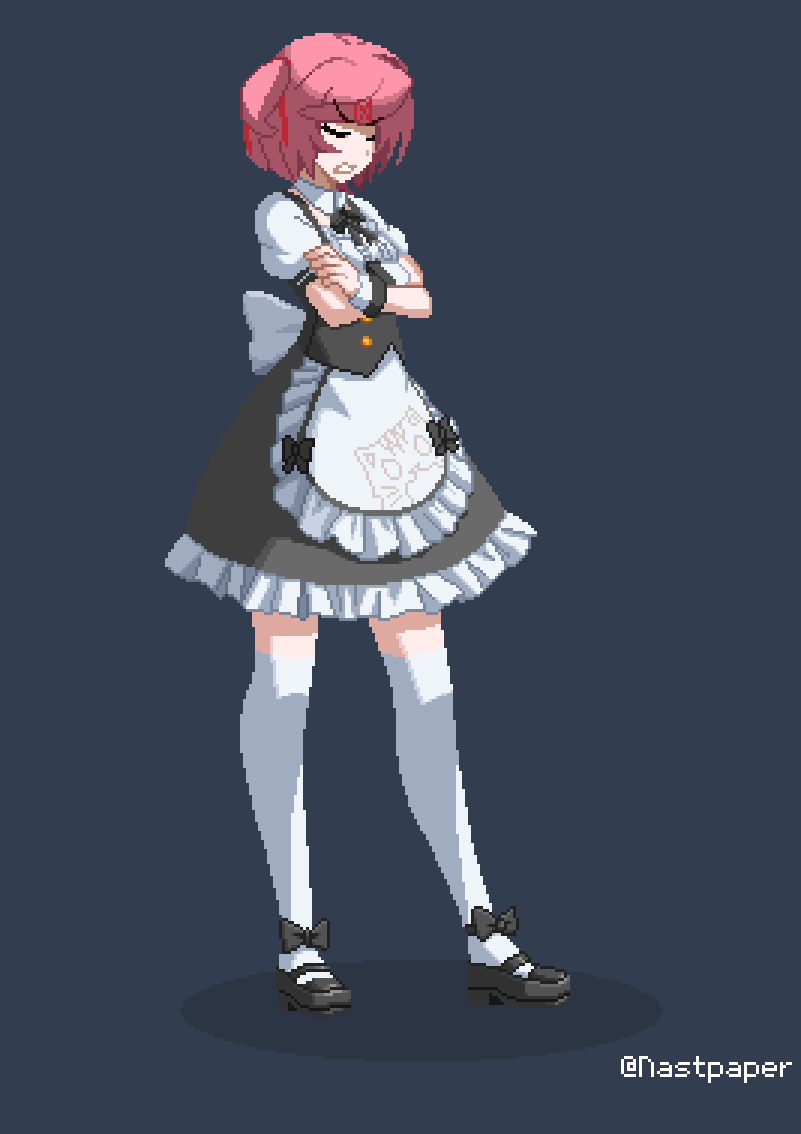 1girl alternate_costume angry animal_print apron artist_name black_bow black_bowtie black_dress black_footwear bob_cut bow bowtie cat_print clenched_teeth closed_eyes commentary crossed_arms doki_doki_literature_club dress dress_bow english_commentary enmaided footwear_bow frilled_apron frilled_dress frills full_body grey_background hair_ornament hair_ribbon maid mary_janes nastpaper natsuki_(doki_doki_literature_club) parted_lips pink_hair pixel_art puffy_short_sleeves puffy_sleeves red_ribbon ribbon shadow shoes short_hair short_sleeves solo standing swept_bangs teeth thigh-highs tsundere twitter_username two-tone_dress two_side_up v-shaped_eyebrows white_apron white_dress white_thighhighs wrist_cuffs x_hair_ornament zettai_ryouiki