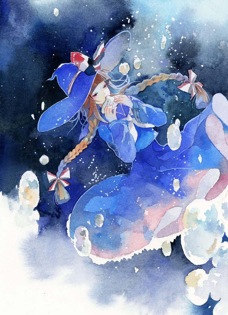 1girl air_bubble black_background black_eyes blue_background blue_dress blue_headwear blue_theme braid brown_hair bubble closed_eyes dress dutch_angle floating frilled_dress frills funamusea hands_up hat instrument long_hair long_sleeves multicolored_background ocarina oounabara_to_wadanohara painting_(medium) rei_(456789io) solo traditional_media twin_braids wadanohara watercolor_(medium) white_background witch_hat