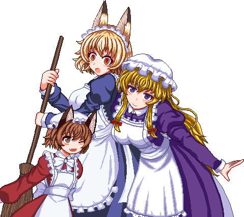 3girls :o ;d alternate_costume animal_ears apron blonde_hair bow breasts broom brown_eyes brown_hair cat_ears chen closed_mouth commentary_request enmaided fang hair_bow hair_ribbon hat holding holding_broom juliet_sleeves large_breasts long_hair long_sleeves looking_at_viewer lowres maid maid_headdress mob_cap multiple_girls no_headwear one_eye_closed open_mouth orange_eyes petite pixel_art puffy_sleeves red_bow ribbon short_hair size_difference skin_fang smile surprised touhou transparent_background tress_ribbon unk_kyouso violet_eyes white_headwear yakumo_ran yakumo_yukari