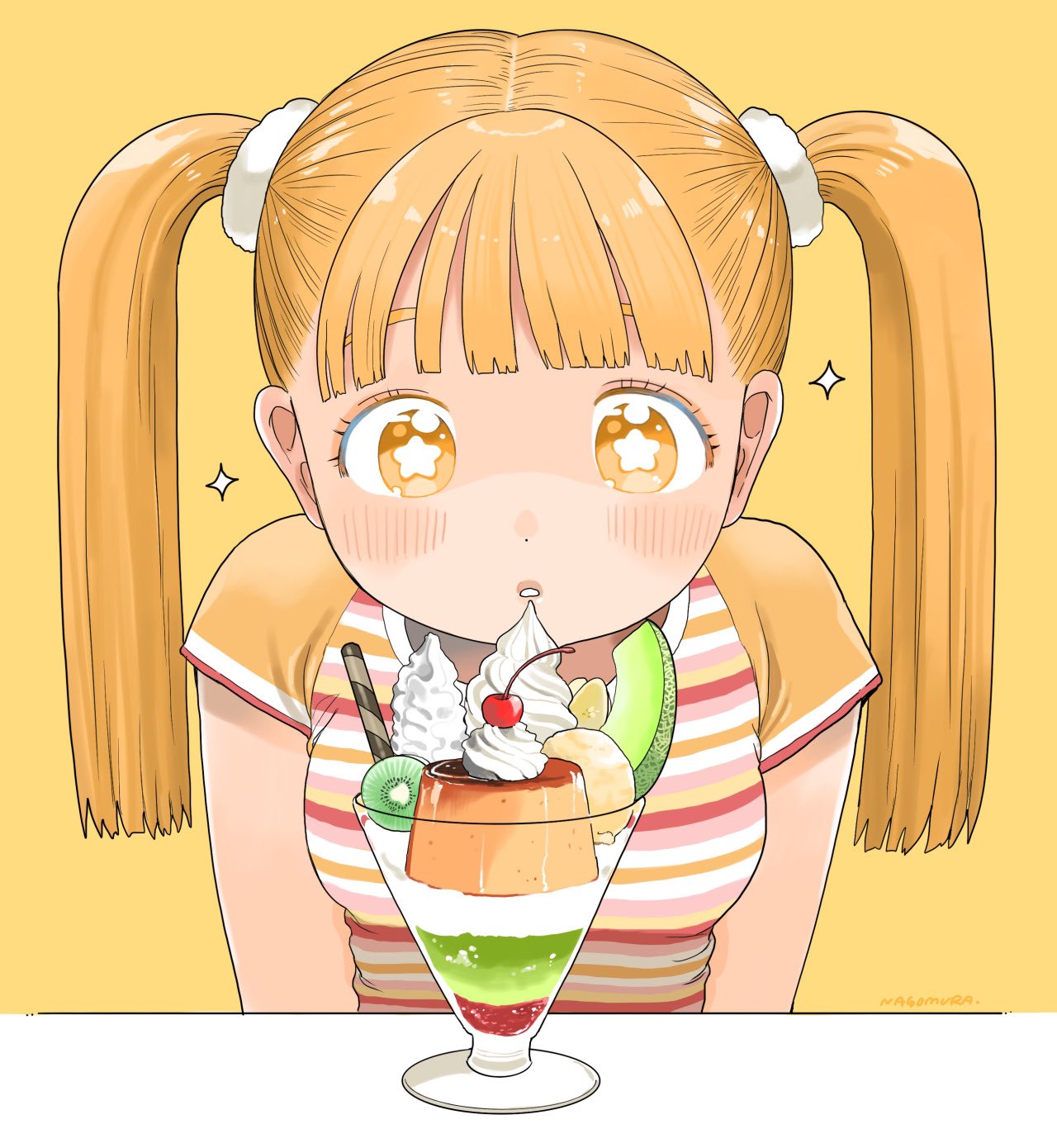 +_+ 1girl arms_at_sides blonde_hair blunt_bangs blunt_ends blush breasts cherry commentary dot_nose food fruit hairband highres ice_cream kiwi_(fruit) kiwi_slice looking_at_object melon nagomurasan original parted_lips pudding shirt short_sleeves signature simple_background small_breasts solo sparkle striped_clothes striped_shirt sundae tareme twintails twintails_day upper_body whipped_cream white_hairband wrinkled_fabric yellow_background yellow_eyes