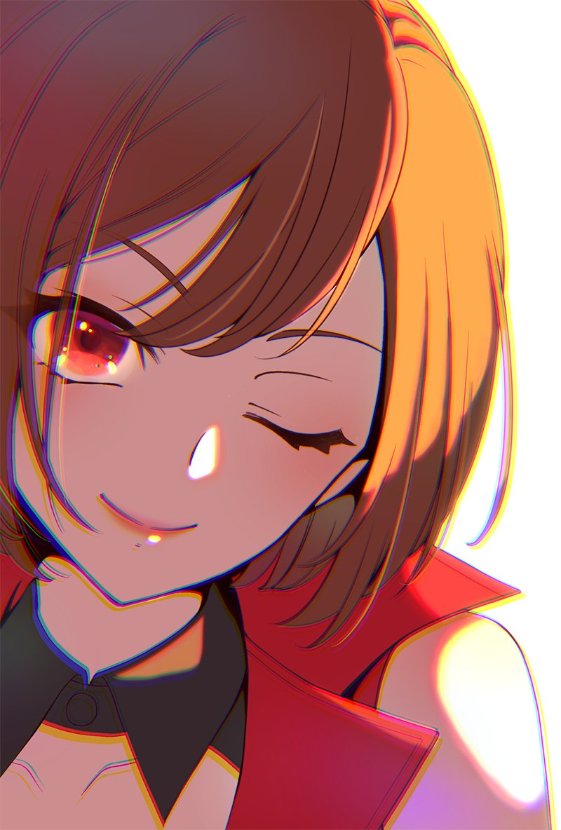 1girl azaka_(pipponao) bare_shoulders brown_eyes brown_hair chromatic_aberration collarbone looking_at_viewer meiko_(vocaloid) one_eye_closed red_lips red_vest short_hair simple_background sleeveless smile solo upper_body vest vocaloid white_background