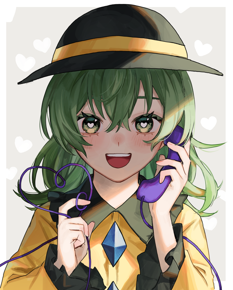 1girl :d akari0120_s black_headwear blush buttons collared_shirt diamond_button frilled_shirt_collar frilled_sleeves frills green_hair hat heart heart-shaped_pupils heart_background heart_of_string holding holding_phone komeiji_koishi long_sleeves looking_at_viewer medium_hair open_mouth phone shirt smile solo symbol-shaped_pupils teeth touhou upper_body upper_teeth_only wide_sleeves yellow_shirt