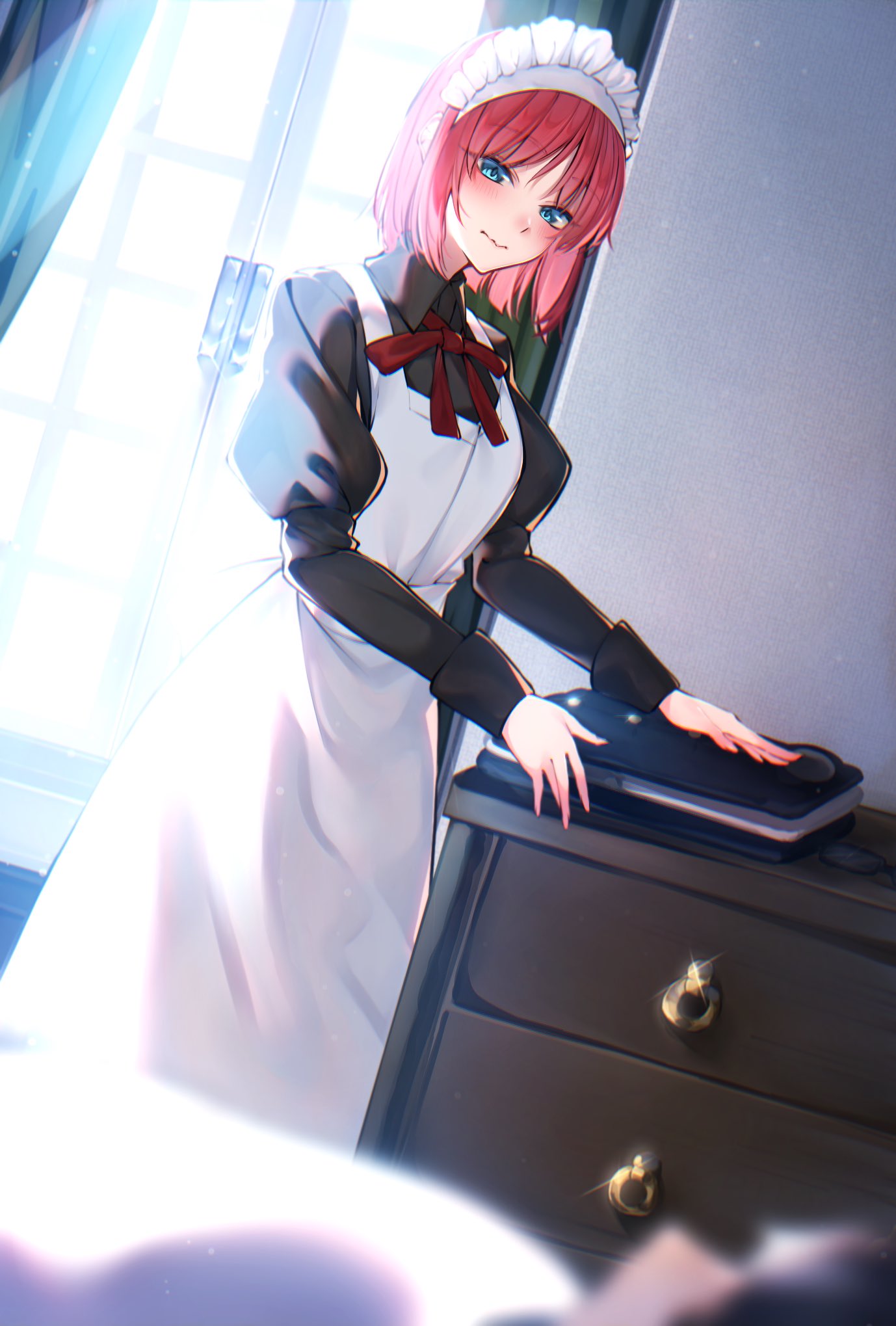 1boy 1girl apron black_dress blue_eyes closed_mouth collared_dress commentary_request commission curtains dress highres hisui_(tsukihime) indoors juliet_sleeves long_sleeves maid maid_apron maid_headdress neck_ribbon nervous puffy_sleeves red_ribbon redhead ribbon sarasara_shoyu short_hair skeb_commission sunlight tohno_shiki tsukihime white_apron window