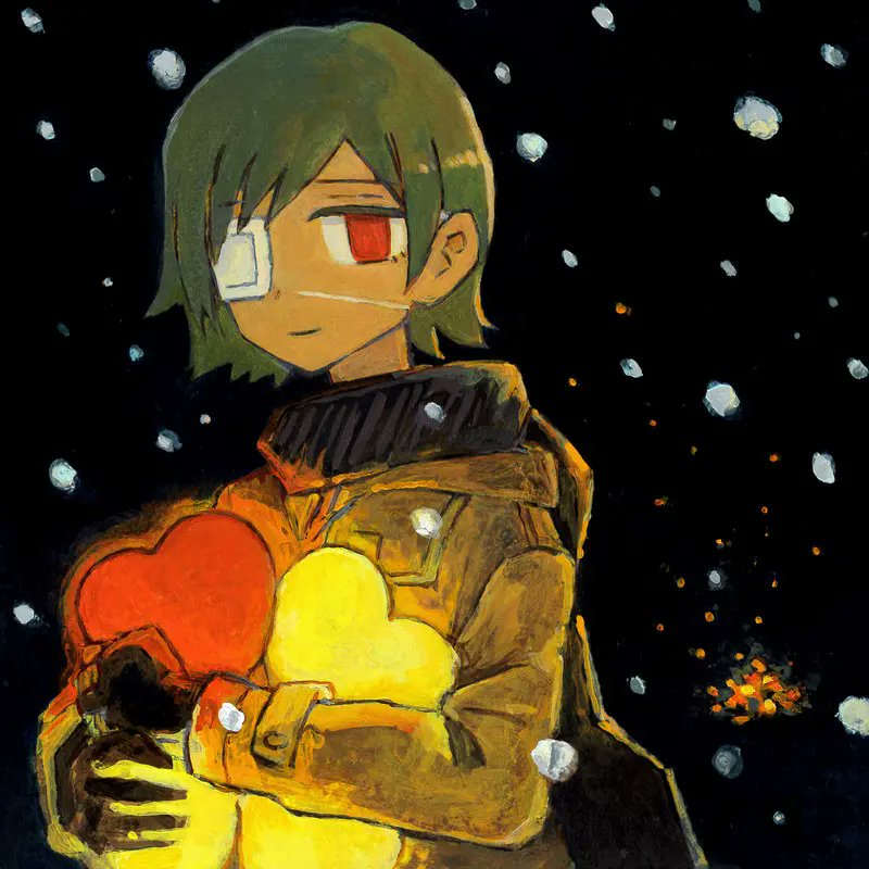 1girl album_cover aremoyou black_background black_scarf brown_coat clover coat cover eyepatch fire four-leaf_clover green_hair holding lala_(watashi_no_koko) light looking_at_viewer official_alternate_costume official_art red_eyes scarf second-party_source short_hair sidelocks smile snow snowing solo traditional_media watashi_no_koko
