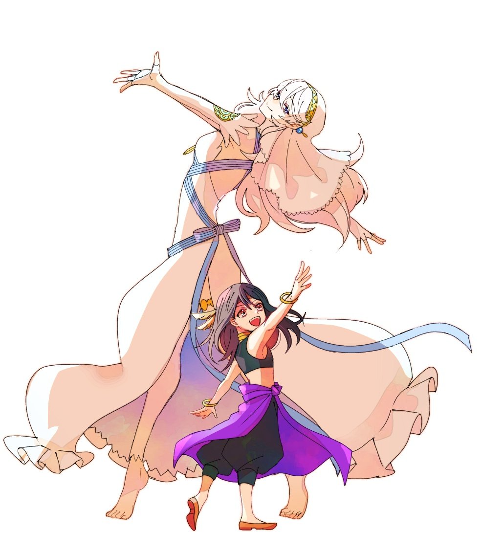 1boy 1girl aged_down backless_dress backless_outfit barefoot black_hair black_pants bracelet brown_eyes child closed_mouth commentary_request corrin_(female)_(adrift)_(fire_emblem) corrin_(female)_(fire_emblem) corrin_(fire_emblem) dancing dress e8coofn0klibdx1 elbow_gloves fingerless_gloves fire_emblem fire_emblem_engage fire_emblem_fates fire_emblem_heroes gloves jewelry long_hair midriff official_alternate_costume open_mouth orange_footwear pants seadall_(fire_emblem) simple_background smile strapless strapless_dress teeth toes upper_teeth_only veil white_background white_dress white_gloves white_hair