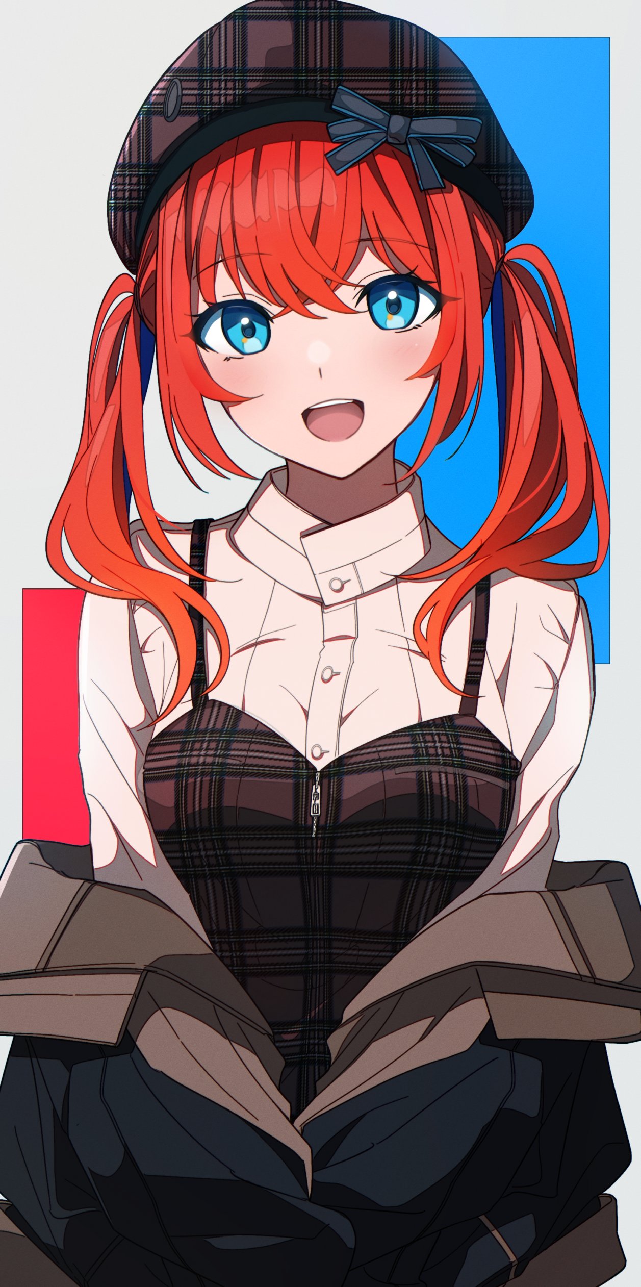1girl absurdres beret blue_eyes blush bow buttons collared_shirt commentary hair_between_eyes hat highres jacket jacket_partially_removed kazenoko long_sleeves looking_at_viewer multicolored_hair open_mouth original plaid redhead shirt smile solo streaked_hair teeth twintails two-tone_hair upper_body upper_teeth_only zipper
