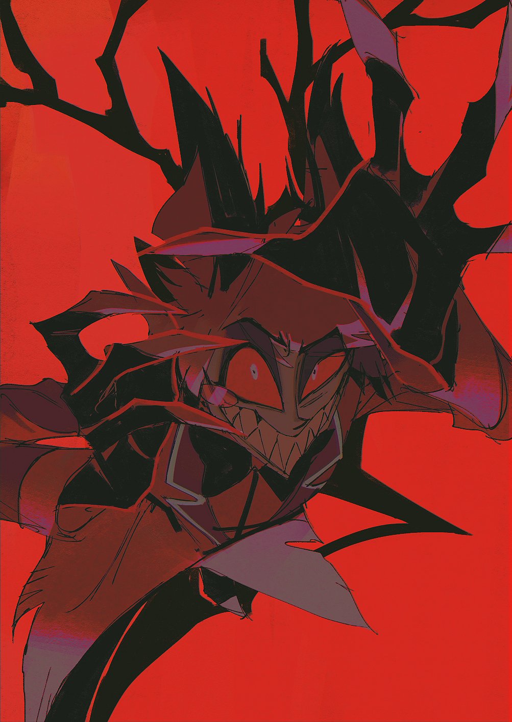 1boy alastor_(hazbin_hotel) black_gloves colored_sclera demon demon_boy demon_horns evil_grin evil_smile gloves grin hazbin_hotel highres horns looking_at_viewer monocle red_background red_sclera red_suit redhead sharp_teeth smile ssyy_aagg suit teeth