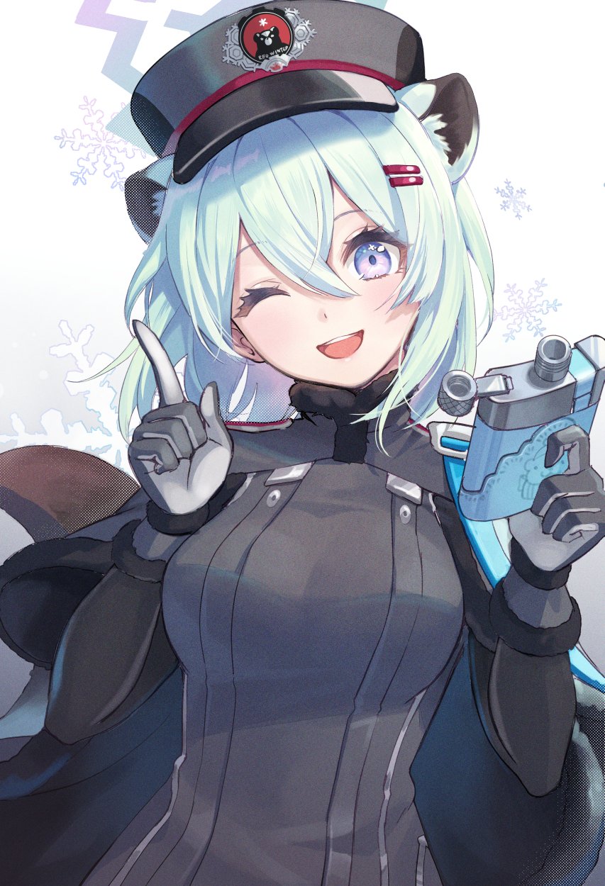 1girl animal_ears aqua_hair blue_archive breasts cape commentary_request crossed_bangs fur-trimmed_cape fur-trimmed_gloves fur_trim gloves grey_cape grey_gloves grey_jacket hair_between_eyes hair_ornament hairclip halo head_tilt highres jacket kuze_kaname long_sleeves looking_at_viewer medium_breasts medium_hair one_eye_closed open_mouth shigure_(blue_archive) smile snowflakes solo tail upper_body violet_eyes weasel_ears weasel_girl weasel_tail