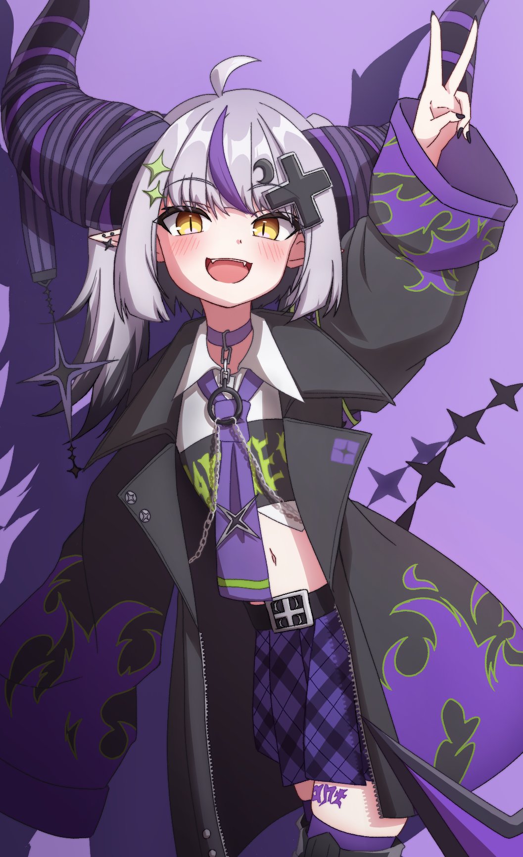 1girl ahoge blush demon_girl demon_horns grey_hair highres hololive horns la+_darknesss long_hair long_sleeves looking_at_viewer moromoro_(mromro1129) multicolored_hair open_mouth pointy_ears purple_hair short_hair sleeves_past_fingers sleeves_past_wrists smile solo streaked_hair striped_horns virtual_youtuber yellow_eyes