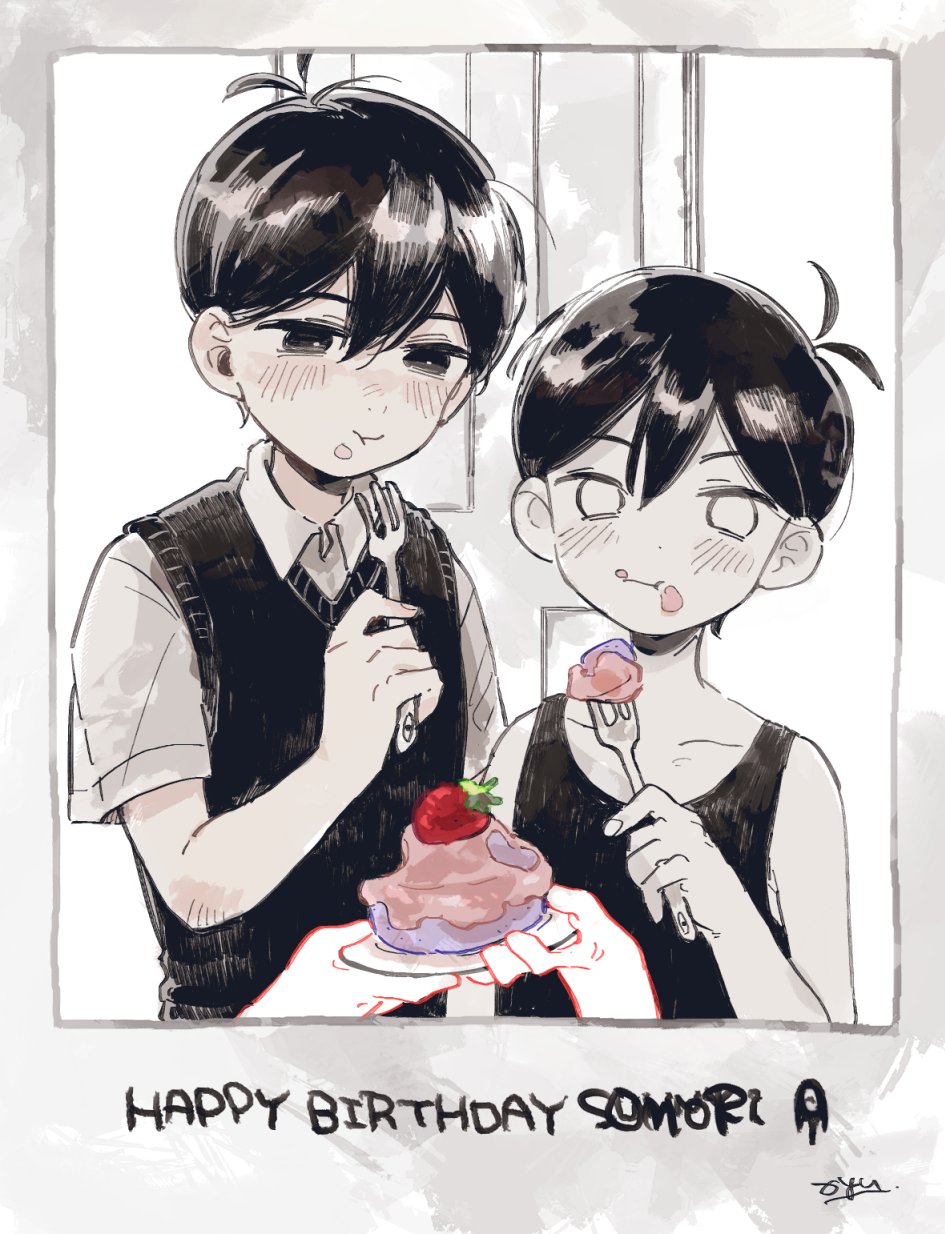2boys :t antenna_hair black_eyes black_hair black_tank_top black_vest border cake character_name chewing collarbone collared_shirt commentary dual_persona eating expressionless food food_on_face fork fruit grey_border happy_birthday highres holding holding_fork looking_at_viewer looking_down male_focus multiple_boys omomomizu omori omori_(omori) plate polaroid shirt short_hair signature strawberry sunny_(omori) symbol-only_commentary tank_top upper_body vest white_eyes white_shirt