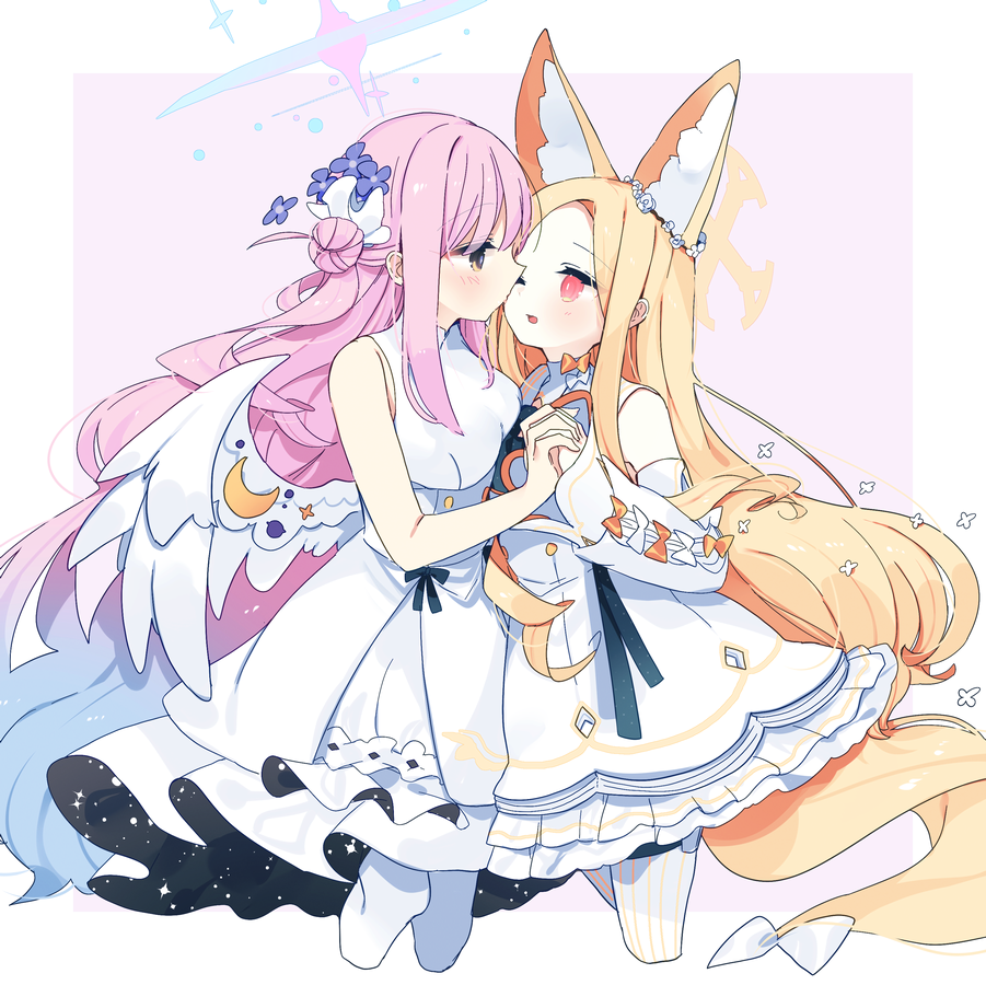 2girls angel_wings animal_ear_fluff animal_ears bare_shoulders blonde_hair blue_archive blush breasts detached_sleeves dress extra_ears feathered_wings flat_chest flower fox_ears hair_bun hair_flower hair_ornament halo long_hair medium_breasts mika_(blue_archive) multiple_girls one_eye_closed open_mouth pantyhose pink_hair pink_halo purple_flower seia_(blue_archive) single_side_bun sleeveless sleeveless_dress smile striped_clothes striped_pantyhose vertical-striped_clothes vertical-striped_pantyhose white_dress white_pantyhose white_sleeves white_wings wings yellow_eyes yellow_halo yun_(dust-i1) yuri