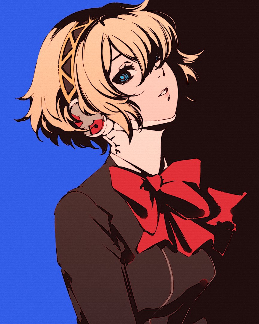 1girl aegis_(persona) android black_background black_jacket blazer blonde_hair blue_background blue_eyes bow bowtie breasts dress_shirt eyelashes gekkoukan_high_school_uniform hair_over_one_eye headphones high_contrast jacket looking_at_viewer looking_to_the_side medium_breasts moshimoshibe parted_lips persona persona_3 pink_lips red_bow red_bowtie ringed_eyes school_uniform shirt short_hair solo two-tone_background upper_body white_shirt