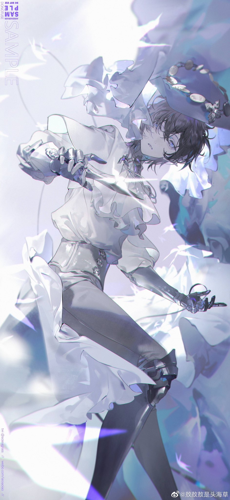 1boy aoseagrass bishounen black_hair blue_eyes character_request copyright_request cowboy_shot gauntlets highres holding holding_knife jewelry knee_guards knife looking_at_viewer male_focus neckerchief necklace open_mouth short_hair solo sparkle white_neckerchief