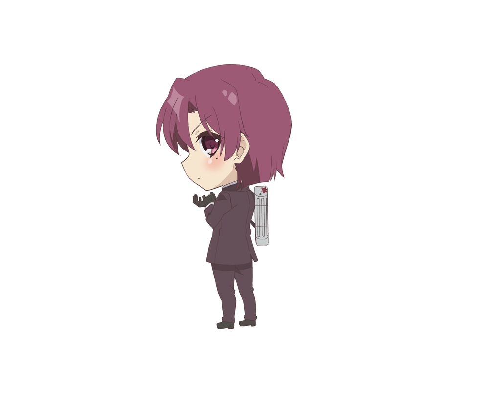 1girl bazett_fraga_mcremitz black_footwear black_gloves blush boots chibi chibi_only closed_mouth fate/kaleid_liner_prisma_illya fate_(series) full_body gloves jacket long_sleeves pants profile purple_hair shoes short_hair simple_background solo suit violet_eyes white_background