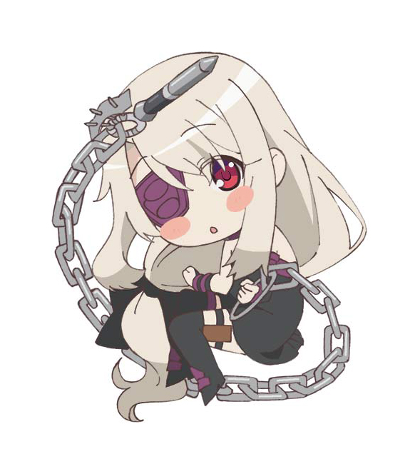 1girl black_footwear black_thighhighs blonde_hair blush blush_stickers boots chain chibi commentary_request detached_sleeves eyepatch fate/kaleid_liner_prisma_illya fate_(series) full_body hair_between_eyes illyasviel_von_einzbern long_hair looking_at_viewer magical_girl one_eye_covered open_mouth red_eyes simple_background solo thigh-highs thigh_strap very_long_hair weapon white_background