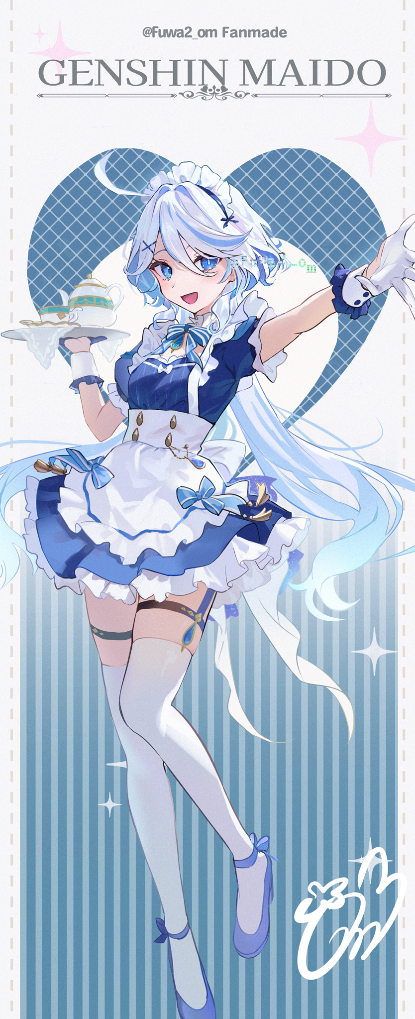 ahoge alternate_costume apron asymmetrical_gloves black_gloves blue_dress blue_eyes blue_footwear blue_hair dress drop-shaped_pupils enmaided frilled_apron frilled_dress frills full_body furina_(genshin_impact) genshin_impact gloves grey_hair hair_between_eyes hair_ornament half_gloves high_heels highres holding light_blue_hair long_hair looking_at_viewer maid maid_apron maid_headdress mismatched_gloves mismatched_pupils multicolored_hair omelet_tomato short_sleeves signature solo standing streaked_hair thigh-highs thigh_strap twitter_username white_apron white_gloves white_thighhighs wrist_cuffs x_hair_ornament zettai_ryouiki