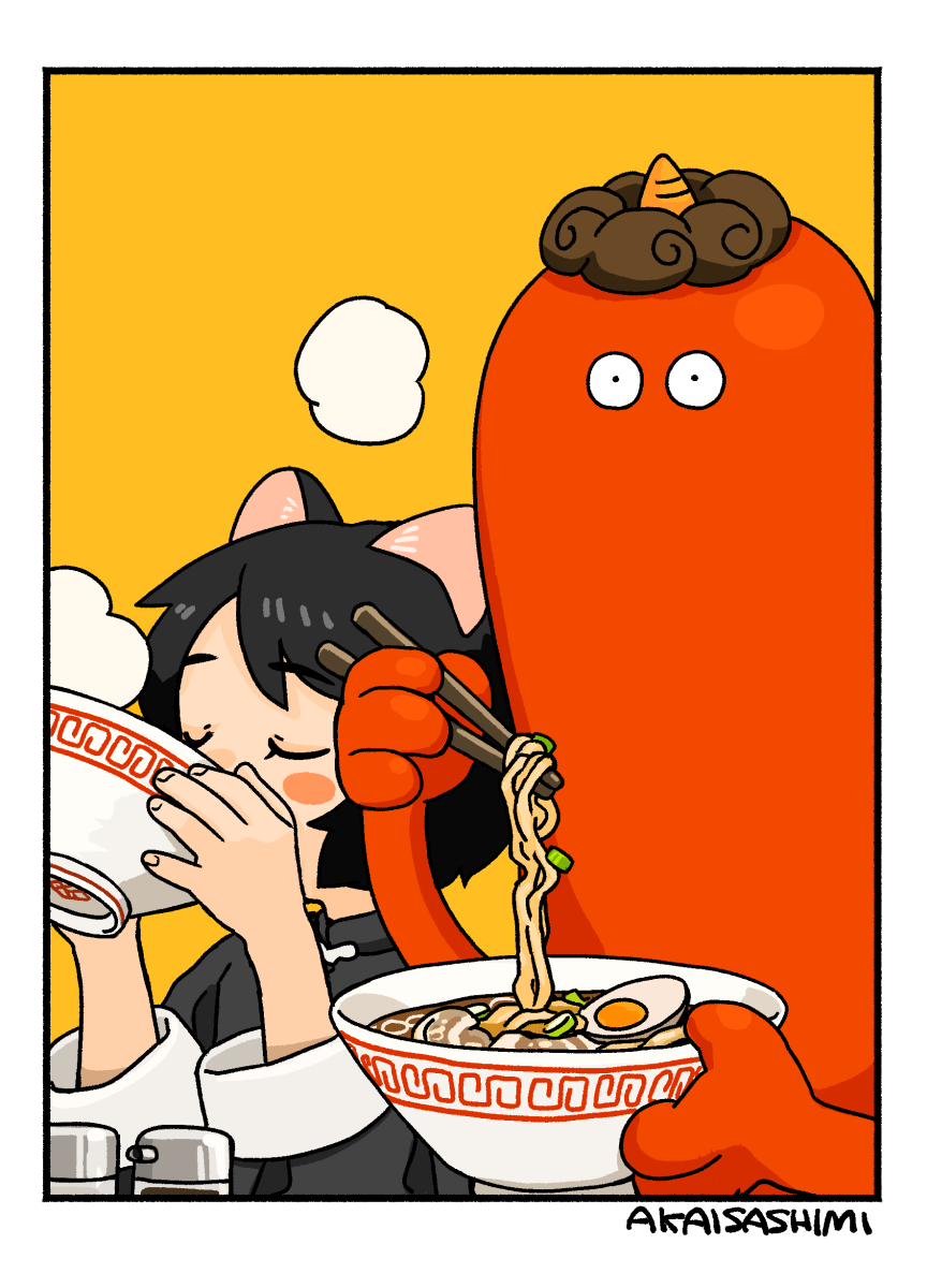 1girl akai_sashimi animal_ears arm_up arms_up black_hair blush_stickers border bowl cat_ears chopsticks closed_eyes commentary covered_mouth drinking eating egg egg_(food) expressionless facing_viewer fingernails food from_side hand_up hardboiled_egg high_collar highres holding holding_bowl holding_chopsticks horns long_sleeves looking_at_viewer mandarin_collar meandros meat monster no_nose noodles oni original parted_bangs ramen salt_shaker short_hair signature simple_background single_horn sleeve_cuffs soup steam white_border yellow_background