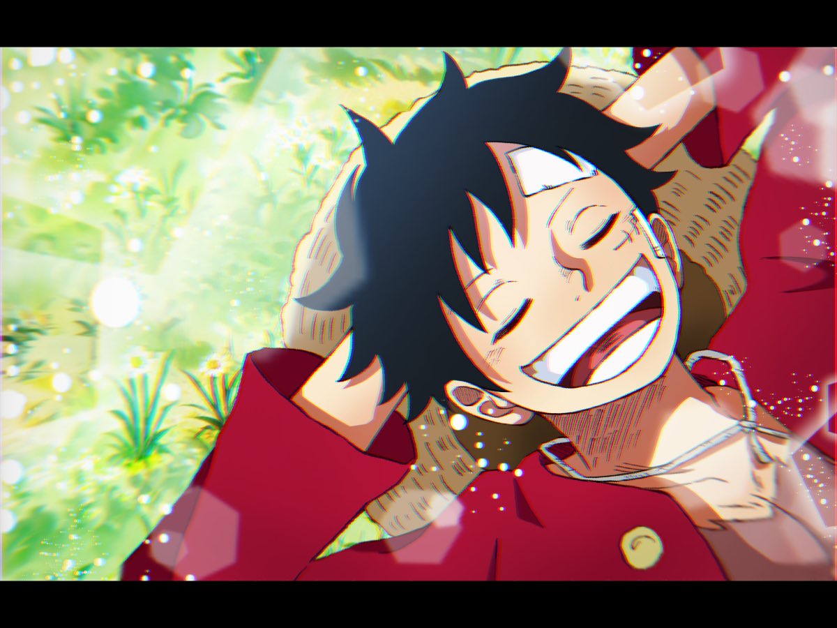 1boy arm_behind_head black_hair close-up closed_eyes commentary_request hat letterboxed lying male_focus monkey_d._luffy on_back on_grass one_piece open_mouth red_shirt scar scar_on_chest scar_on_face shirt short_hair smile solo straw_hat yoru_(_ichiya_07)