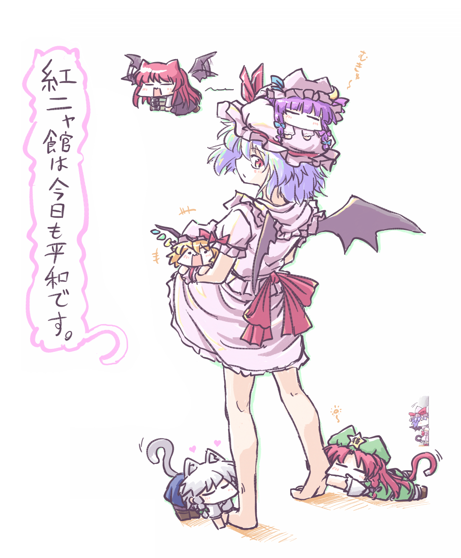 +++ ._. 6+girls :/ =_= afterimage animal_ears aokukou back_bow barefoot bat_wings black_bow black_skirt black_vest blonde_hair blue_bow blue_dress blue_hair book book_stack bow braid capelet cat_ears cat_tail chibi chibi_on_head commentary_request crescent crescent_hat_ornament dress dual_persona ears_through_headwear flandre_scarlet flapping flying full_body green_bow green_dress green_headwear grey_hair hair_bow hair_ribbon hat hat_bow hat_ornament head_wings heart hong_meiling izayoi_sakuya kemonomimi_mode koakuma leg_grab light_blush long_hair looking_back looking_down mini_person minigirl mob_cap motion_lines multiple_girls multiple_hair_bows no_mouth no_nose on_head open_mouth patchouli_knowledge peeking_out person_on_head pink_capelet pink_headwear pink_shirt pink_skirt puffy_short_sleeves puffy_sleeves purple_bow purple_hair red_bow red_eyes redhead remilia_scarlet ribbon shirt short_hair short_sleeves sidelocks simple_background skirt skirt_set star_(symbol) star_hat_ornament tail touhou translation_request tress_ribbon twin_braids v-shaped_eyebrows vest wavy_mouth white_background white_shirt wings