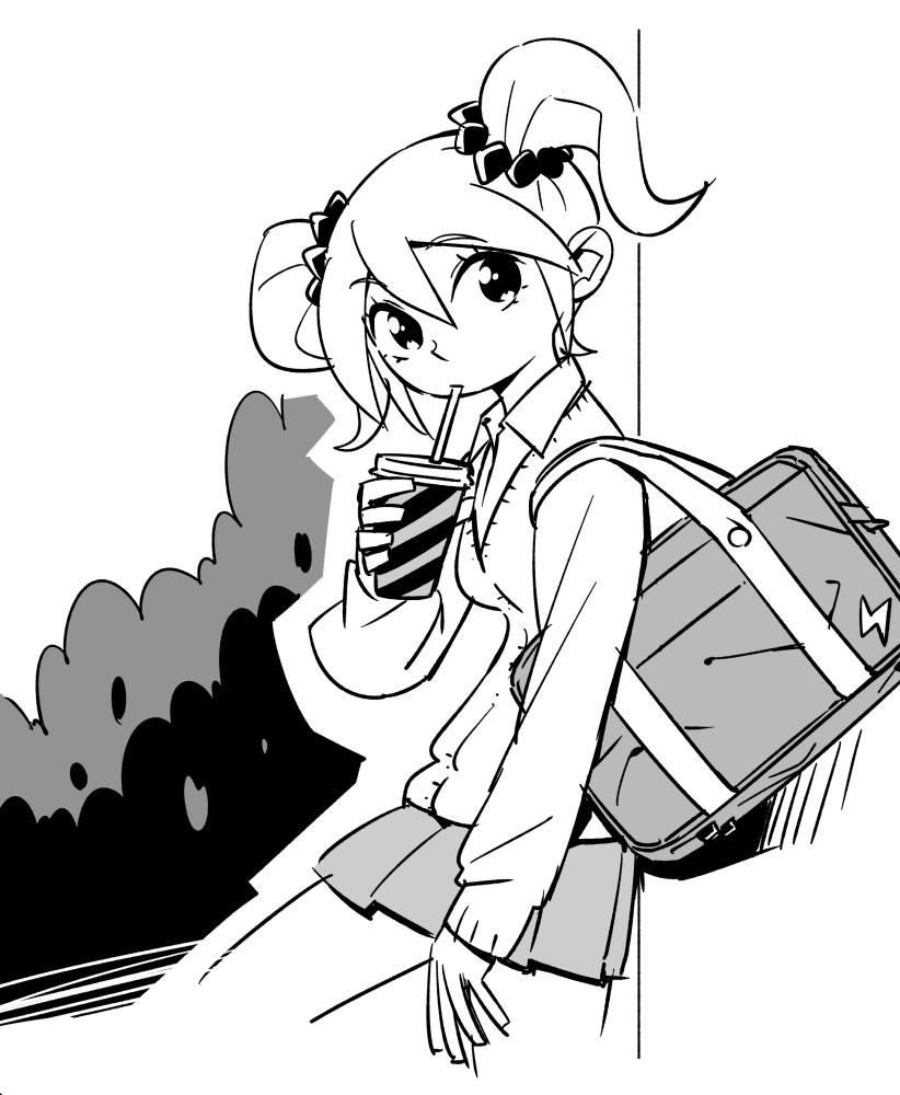 1girl against_wall bag bush cardigan collared_shirt cup disposable_cup drinking drinking_straw hair_between_eyes holding holding_cup laika_(sunafuki_tabito) lightning_bolt_symbol long_sleeves looking_at_viewer looking_to_the_side monochrome original school_bag school_uniform scrunchie shirt shoulder_bag sketch skirt solo sunafuki_tabito twintails