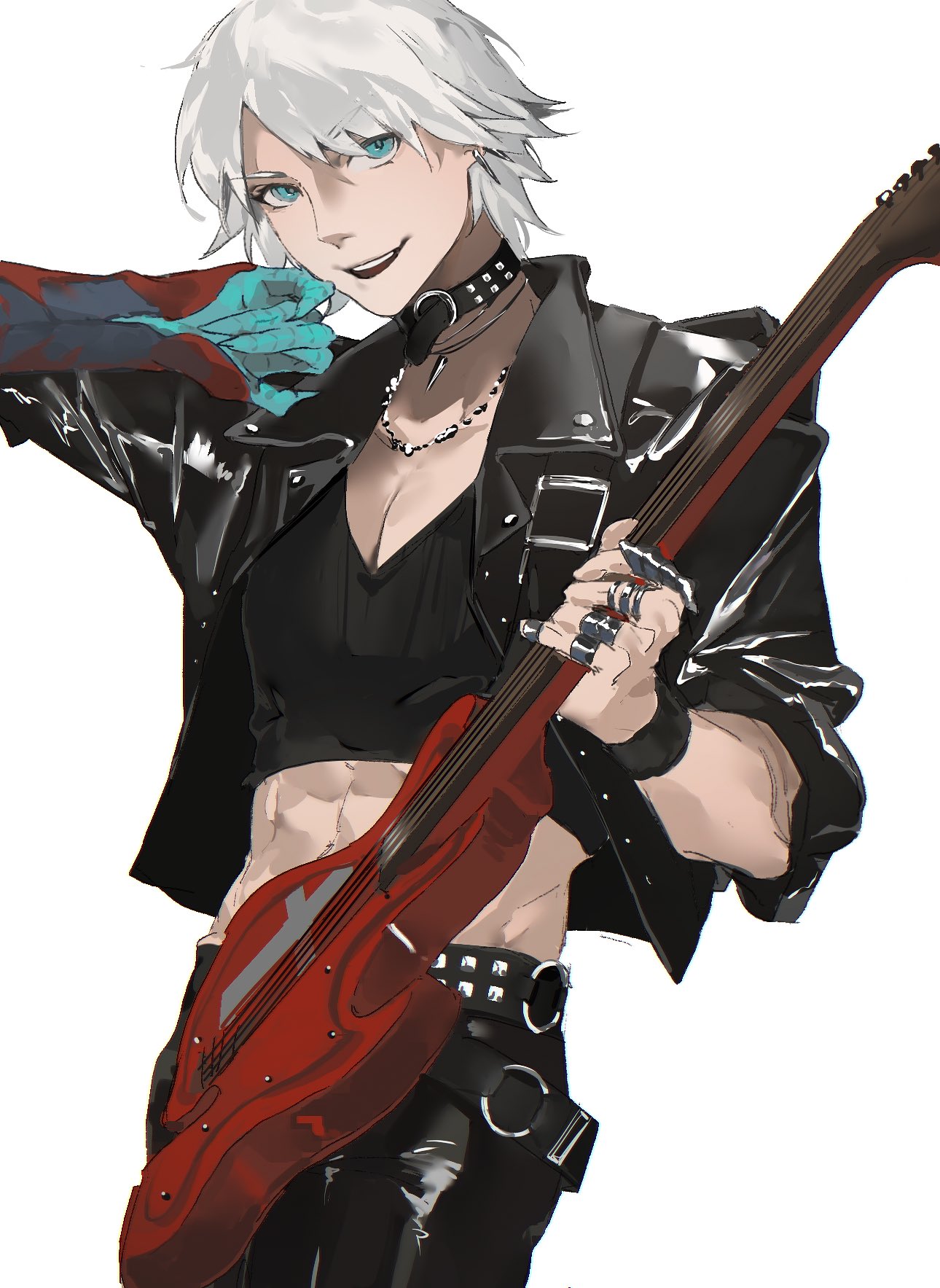 1boy bishounen blue_eyes devil_bringer devil_may_cry_(series) devil_may_cry_4 electric_guitar guitar highres hood instrument jacket jewelry looking_at_viewer male_focus necklace nero_(devil_may_cry) simple_background solo white_hair