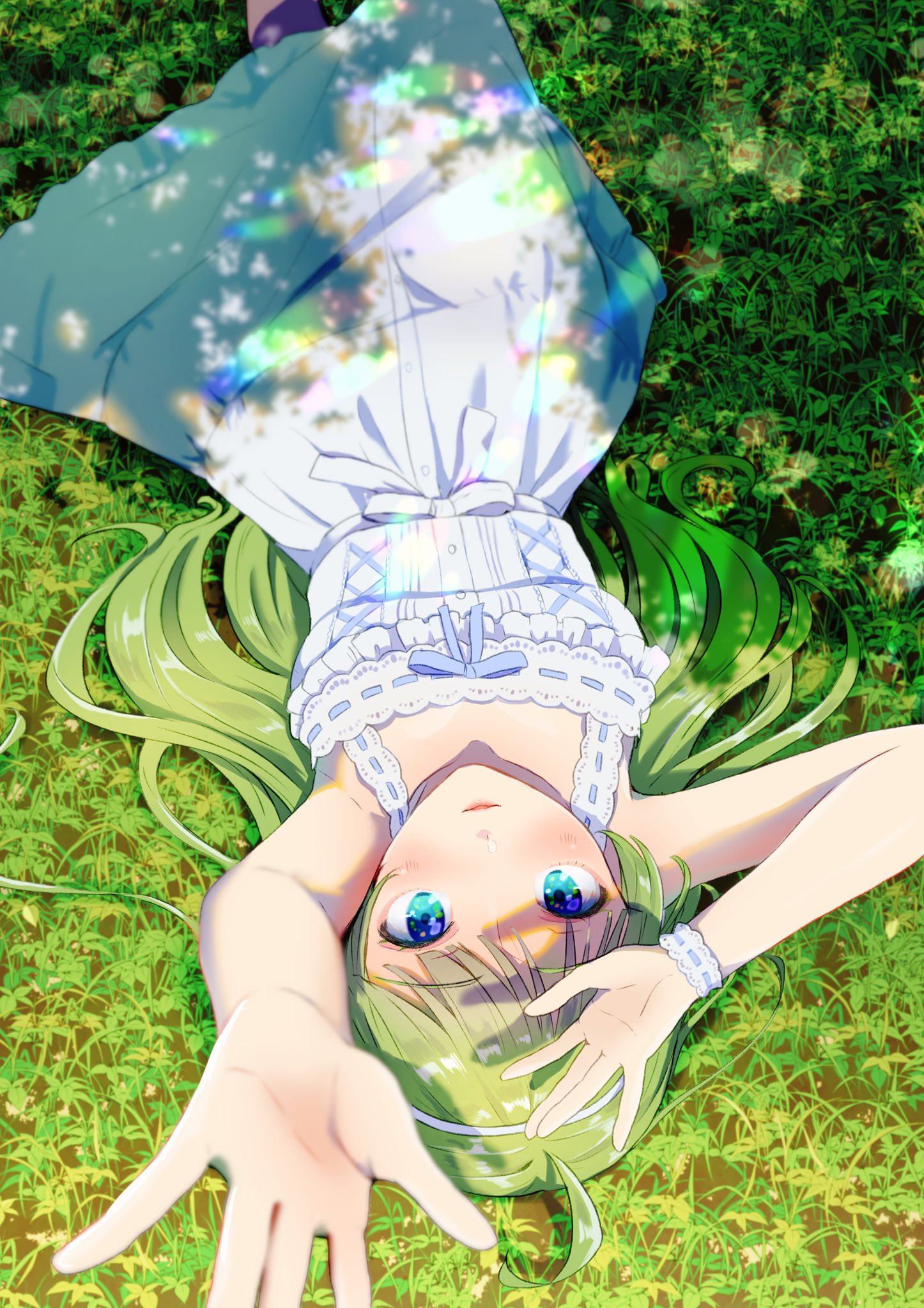 1girl ahoge aqua_eyes bare_arms blue_bow blue_bowtie blunt_bangs bow bowtie commentary_request cowboy_shot cross-laced_clothes cross-laced_dress dappled_sunlight dress eyelashes field grass green_hair hairband hand_on_own_head highres idolmaster idolmaster_million_live! lace-trimmed_dress lace-trimmed_wrist_cuffs lace_trim lens_flare light_blush long_hair looking_at_viewer outdoors parted_lips pink_lips reaching reaching_towards_viewer ribbon-trimmed_dress ribbon-trimmed_wrist_cuffs shade shimabara_elena short_dress sleeveless sleeveless_dress solo sunlight upside-down wavy_hair white_dress white_hairband white_wrist_cuffs witoi_(roa) wrist_cuffs