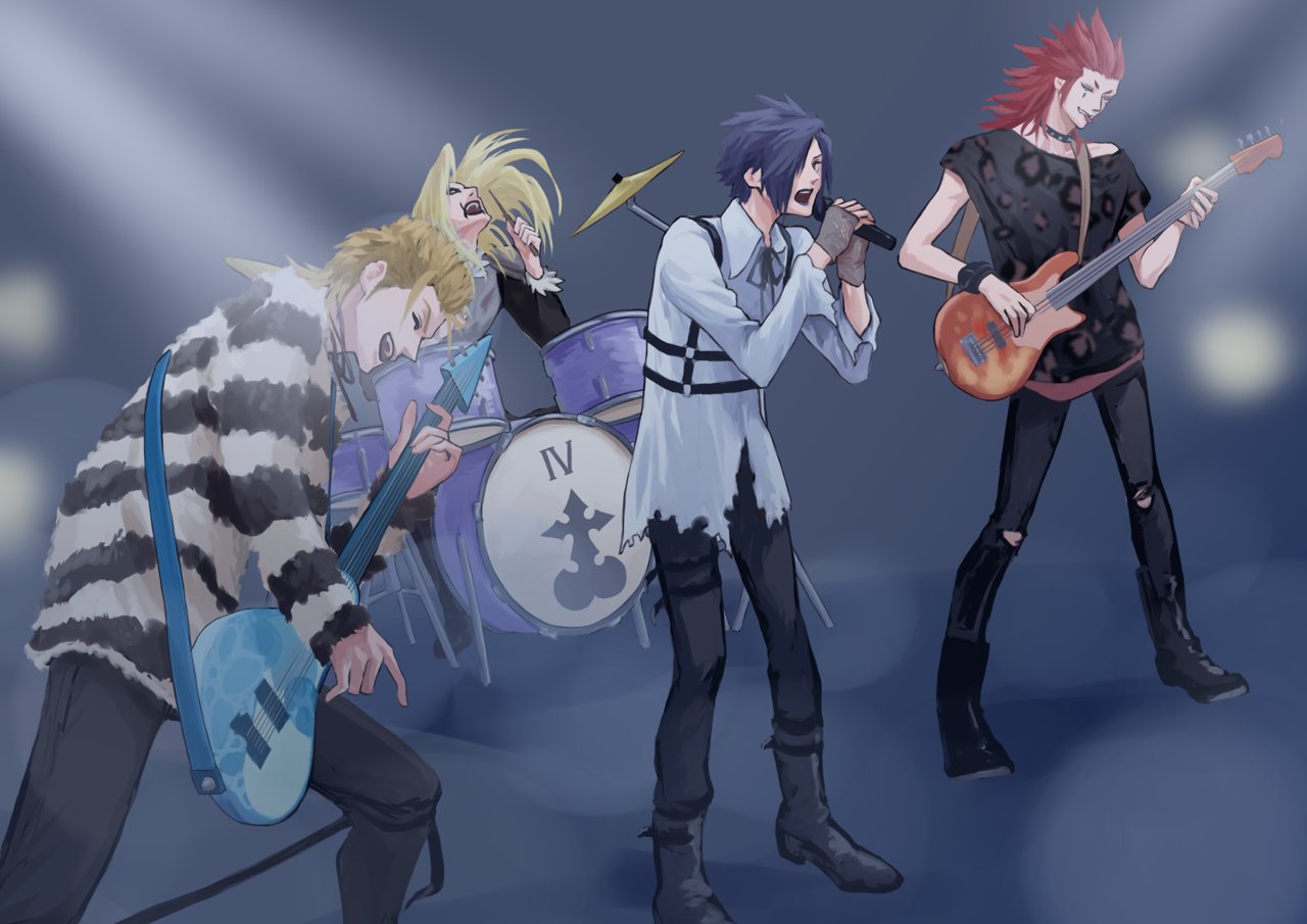 4boys alternate_costume animal_print axel_(kingdom_hearts) band black_footwear black_lips black_pants black_ribbon black_shirt black_wristband blonde_hair blue_background blue_hair boots brown_hair chest_harness closed_eyes commentary_request demyx denim dress_shirt drum drum_set drumming drumsticks facepaint fingerless_gloves full_body fur-trimmed_shirt fur_trim gloves grin guitar hair_over_one_eye hand_up happy harness holding holding_drumsticks holding_guitar holding_instrument holding_microphone instrument jeans kingdom_hearts kingdom_hearts_ii leaning_forward leopard_print lipstick long_hair makeup male_focus medium_hair microphone mukashino multiple_boys music neck_ribbon open_mouth organization_xiii pants playing_guitar playing_instrument redhead ribbon rock_band roman_numeral shirt short_hair singing sitting smile spiky_hair striped_clothes striped_sweater sweater teardrop_facial_mark teeth thigh_strap tongue tongue_out torn_clothes torn_pants torn_shirt upper_teeth_only vexen zexion