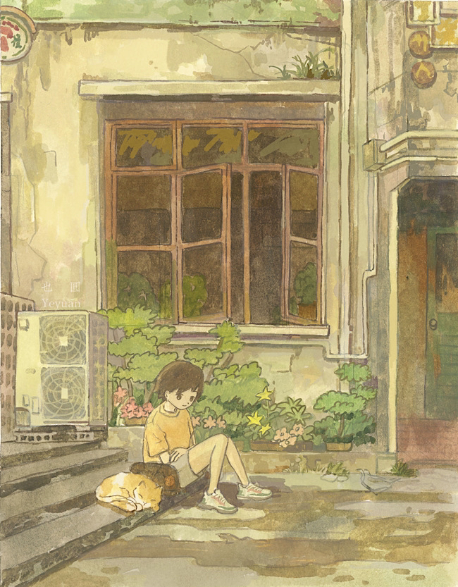 1girl air_conditioner artist_name bird cat child day door faux_traditional_media flower grey_shorts industrial_pipe open_window original outdoors pink_flower plant potted_plant shoes shorts sitting sleeping_animal sneakers solo stairs window yeyuan33