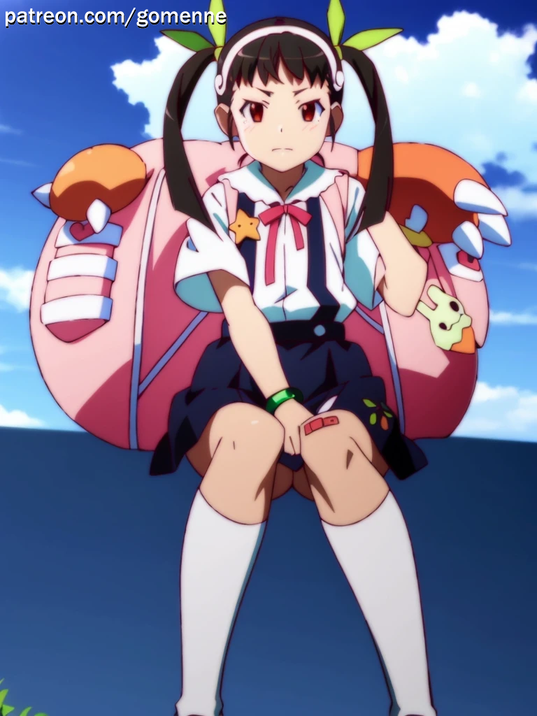 1girl backpack bag bandaid bandaid_on_knee bandaid_on_leg between_legs black_hair blue_skirt blue_sky blush bracelet closed_mouth clouds covering covering_crotch day feet_out_of_frame green_ribbon hachikuji_mayoi hair_ribbon hairband hand_between_legs jewelry kneehighs knees_together_feet_apart long_hair looking_at_viewer monogatari_(series) non-web_source outdoors pink_bag red_eyes ribbon school_uniform shirt short_sleeves sitting skirt sky socks solo star_(symbol) stuffed_animal stuffed_toy suspender_skirt suspenders twintails v-shaped_eyebrows watermark white_shirt white_socks